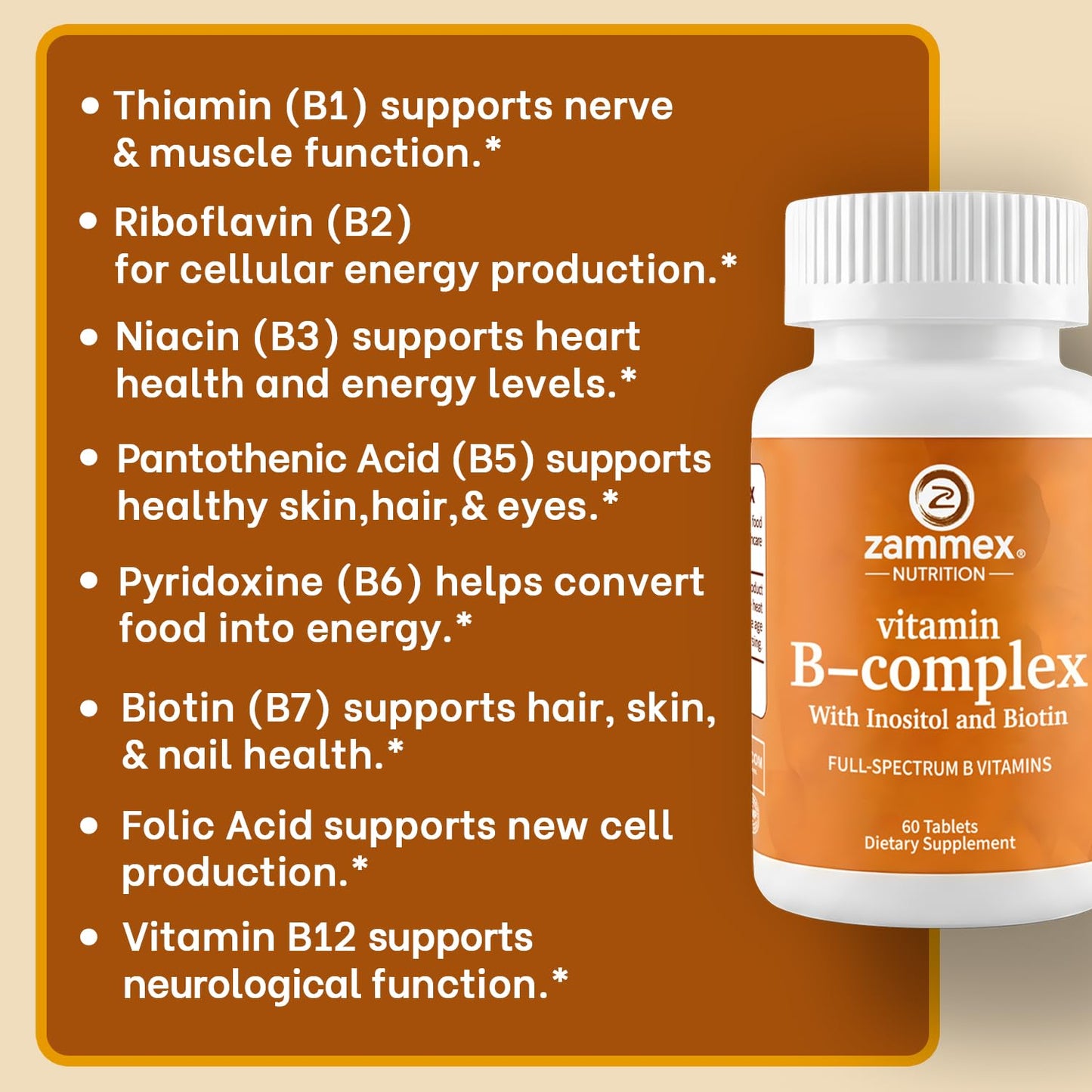 Zammex Vitamin B Complex with Inositol and Biotin – Full Spectrum B Vitamins B1 B2 B3 B6 B12, Non-GMO, Vegan-Friendly – 60 Tablets