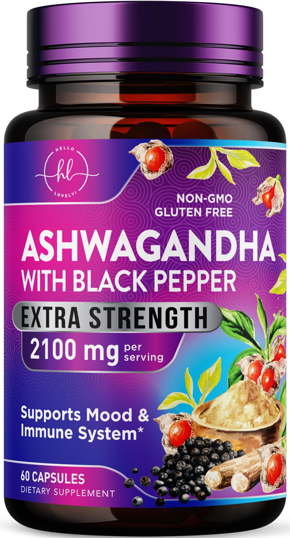 Hello Lovely! Ashwagandha Supplements for Women - Extra Strength Ashwagandha Capsules with Plant Powder & Root Extract, 60 Capsules
