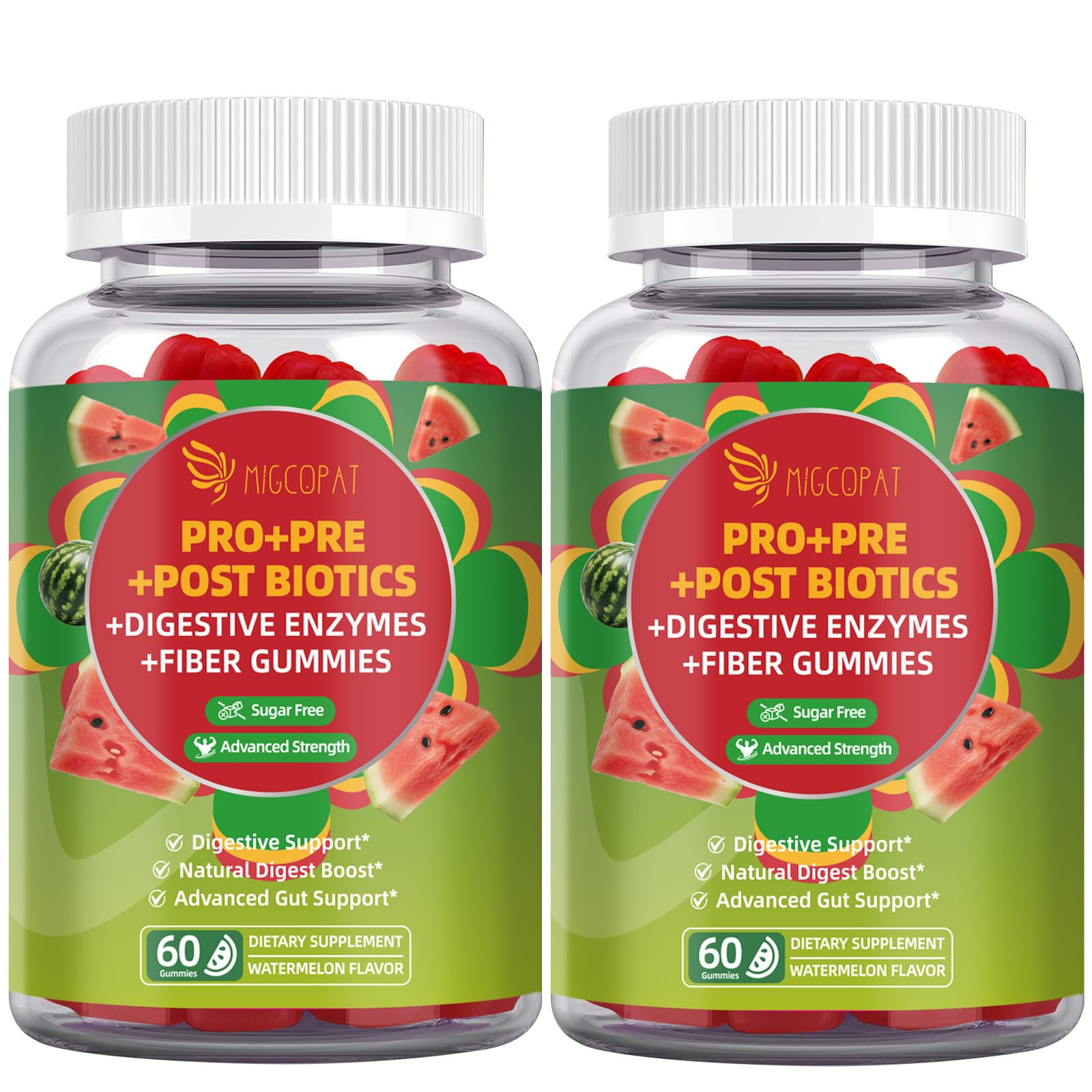 Migcopat Pre Post Probiotics Gummies, Digestive Enzymes with Fiber, 120 Billion CFU Probiotics - Digestive Health, Sugar Free, Vegan, Watermelon, 120 Count