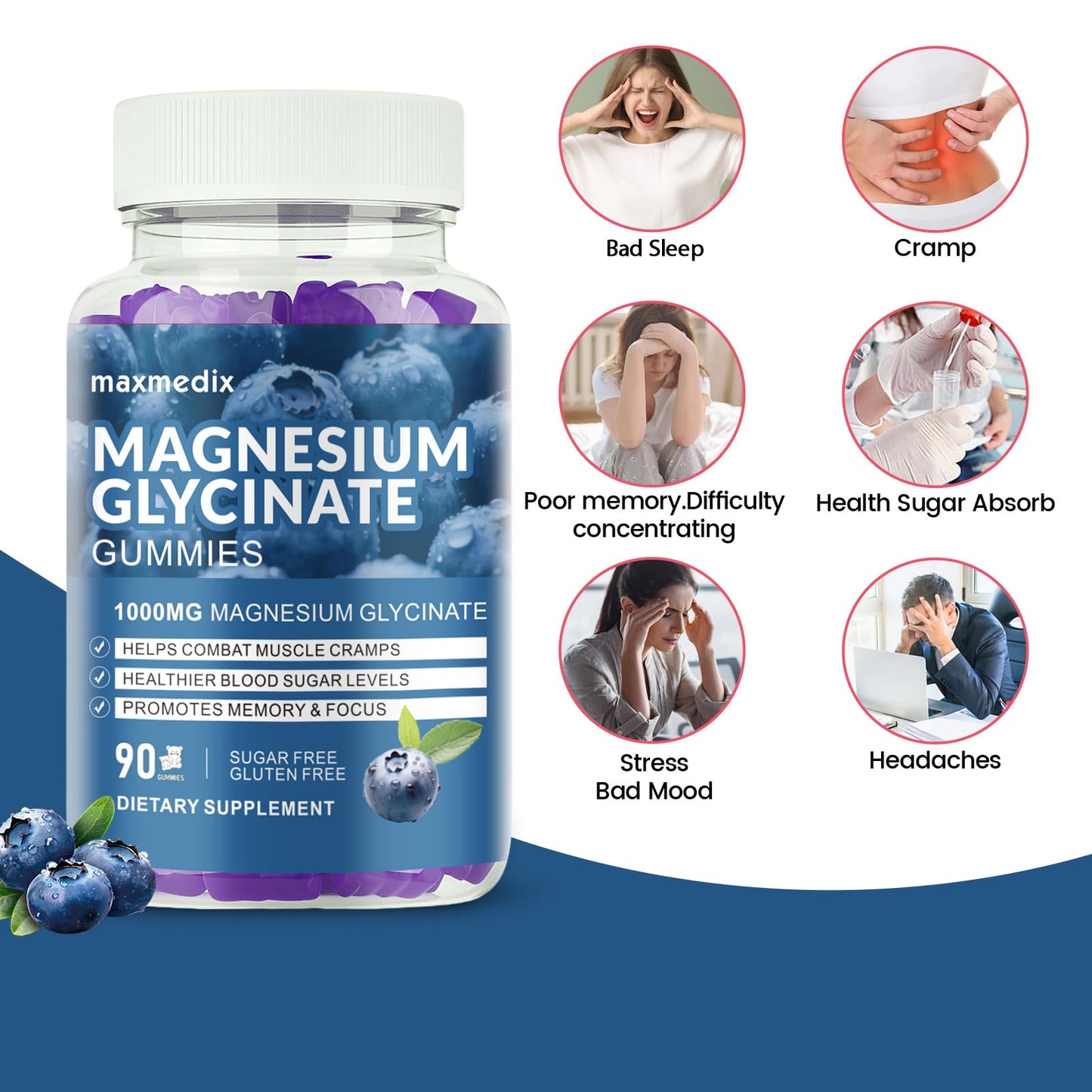 maxmedix Magnesium Glycinate Gummies 1000mg, 90 Count, Blueberry
