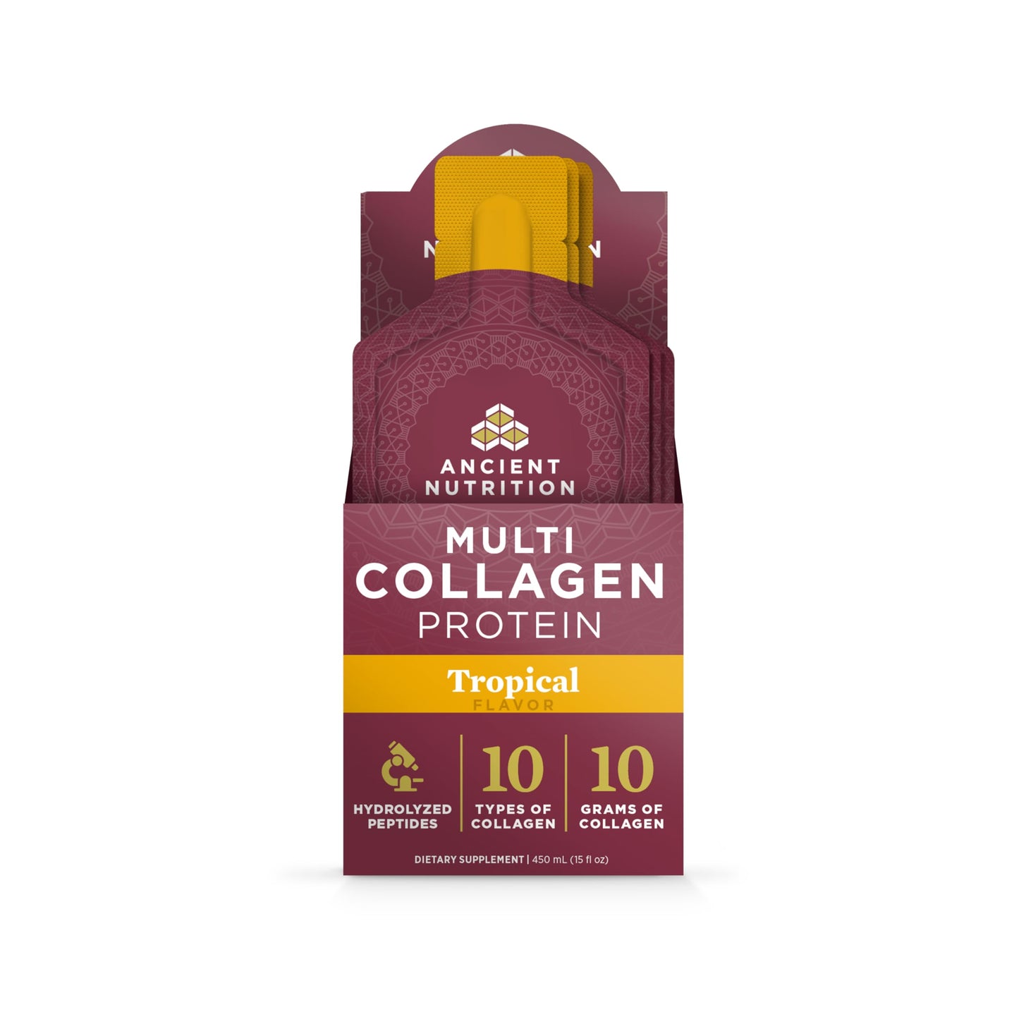 Ancient Nutrition Multi Collagen Protein Gel with Probiotics & Vitamin C, Hydrolyzed Collagen Peptides for Skin, Hair, Nails, Joints & Gut Health, Tropical Powder, 15 Packets