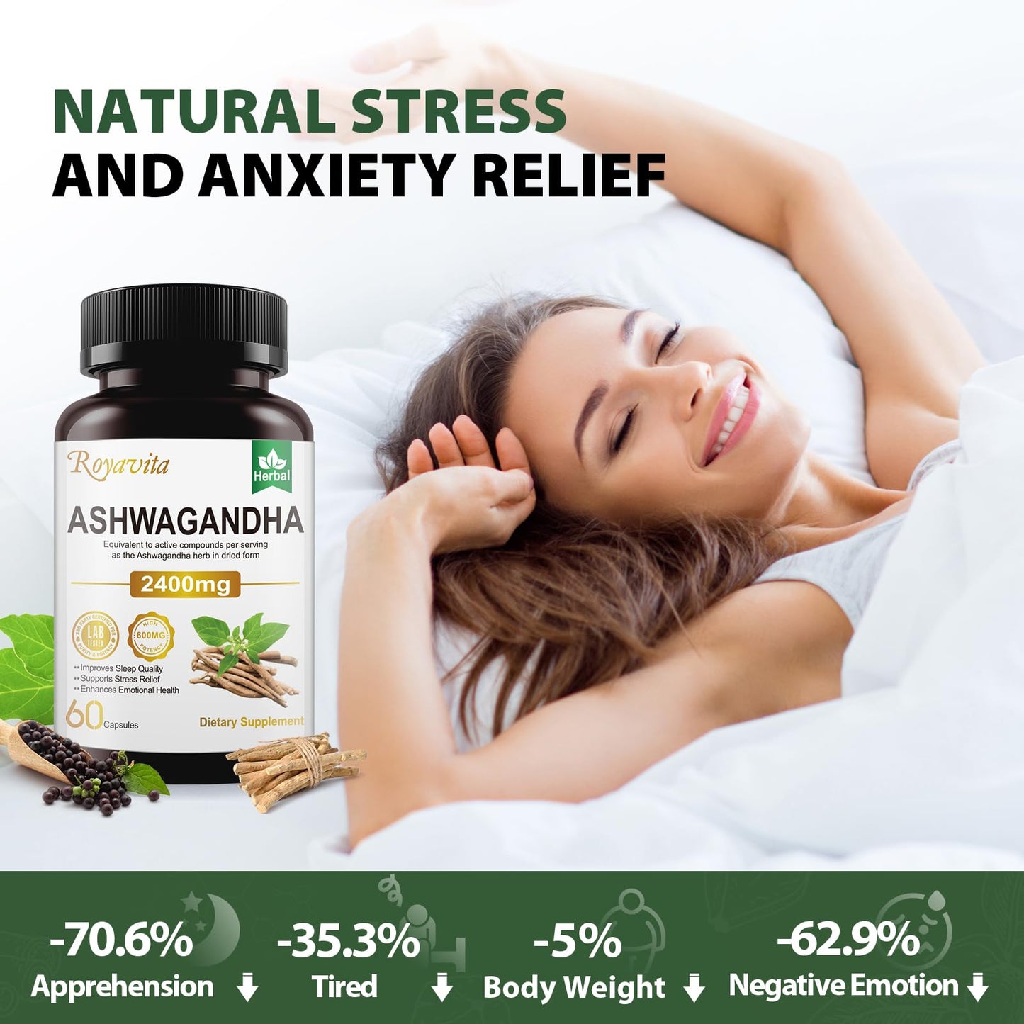 Royavita Ashwagandha 2400mg Organic with Black Pepper, Vitamin B12 & B6, Stress Relief & Athletic Performance, 120 Capsules