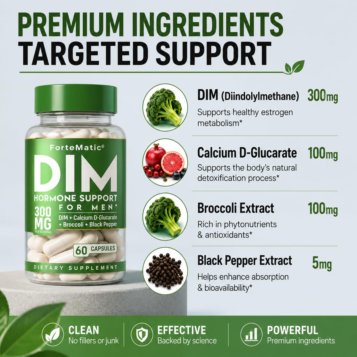 Fortematic DIM Supplement for Men 300mg with Calcium D-Glucarate, Sulforaphane & Broccoli Extract, Capsules, 60 Count