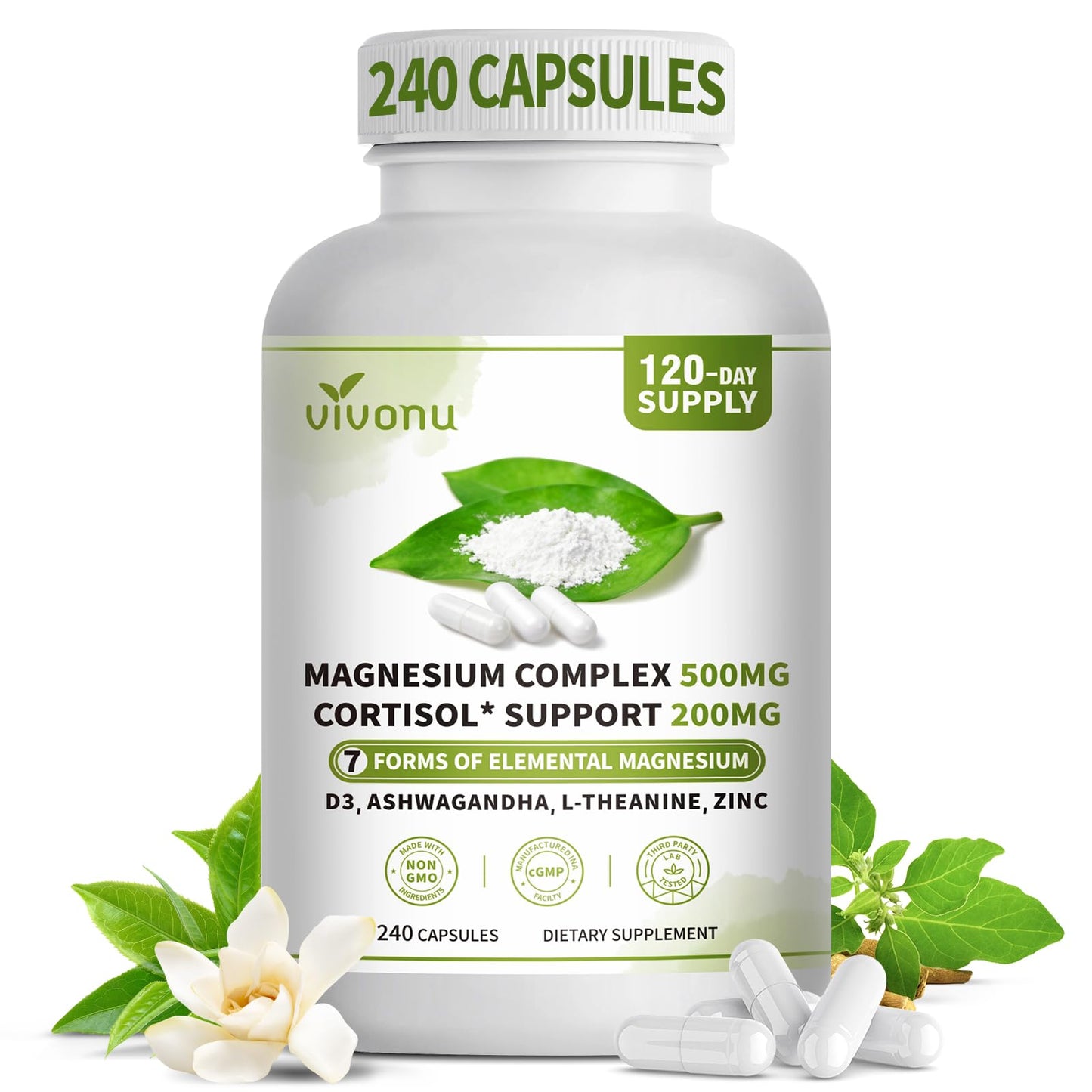 VivoNu Magnesium Complex for Women & Men with Cortisol Support, D3, Zinc, Ashwagandha, 7 Forms Magnesium Supplement 500 mg - Magnesium Glycinate, L-Threonate, Citrate, Capsules 240 Count