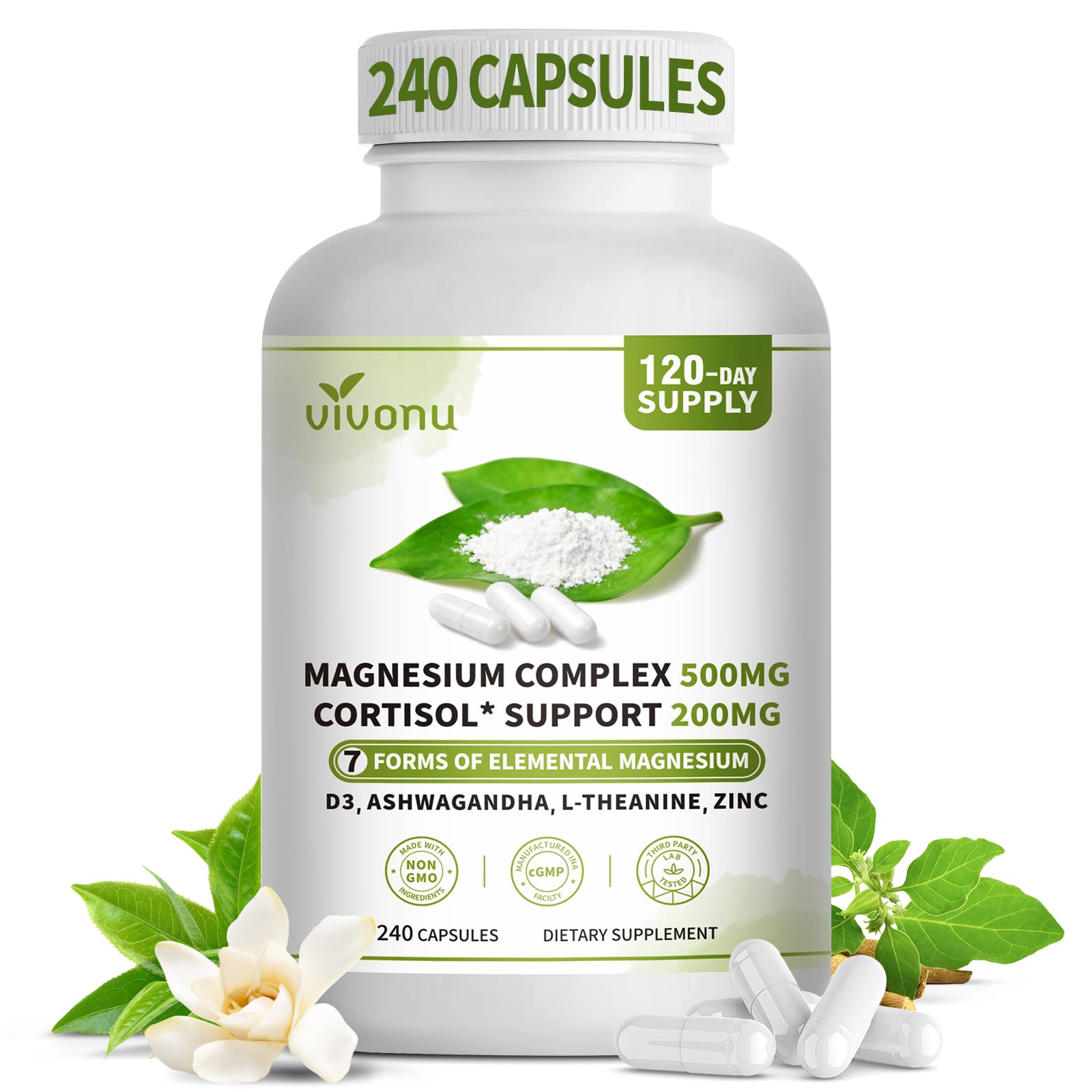 VivoNu Magnesium Complex for Women & Men with Cortisol Support, D3, Zinc, Ashwagandha, 7 Forms Magnesium Supplement 500 mg - Magnesium Glycinate, L-Threonate, Citrate, Capsules 240 Count