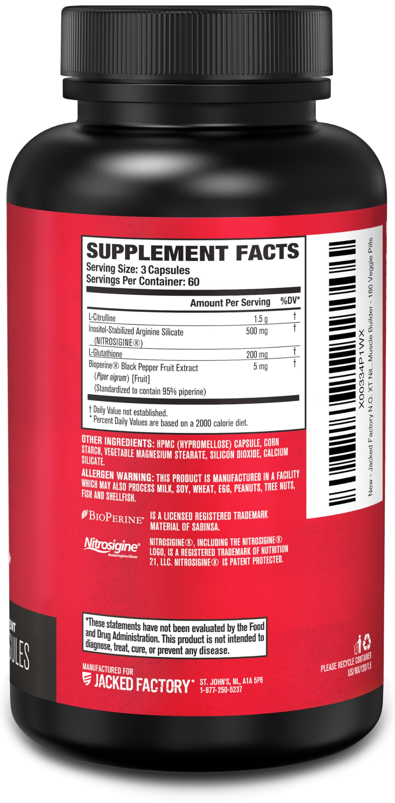 Jacked Factory N.O. XT Nitric Oxide Supplement for Men with Nitrosigine, L-Arginine & L-Citrulline, 180 Capsules