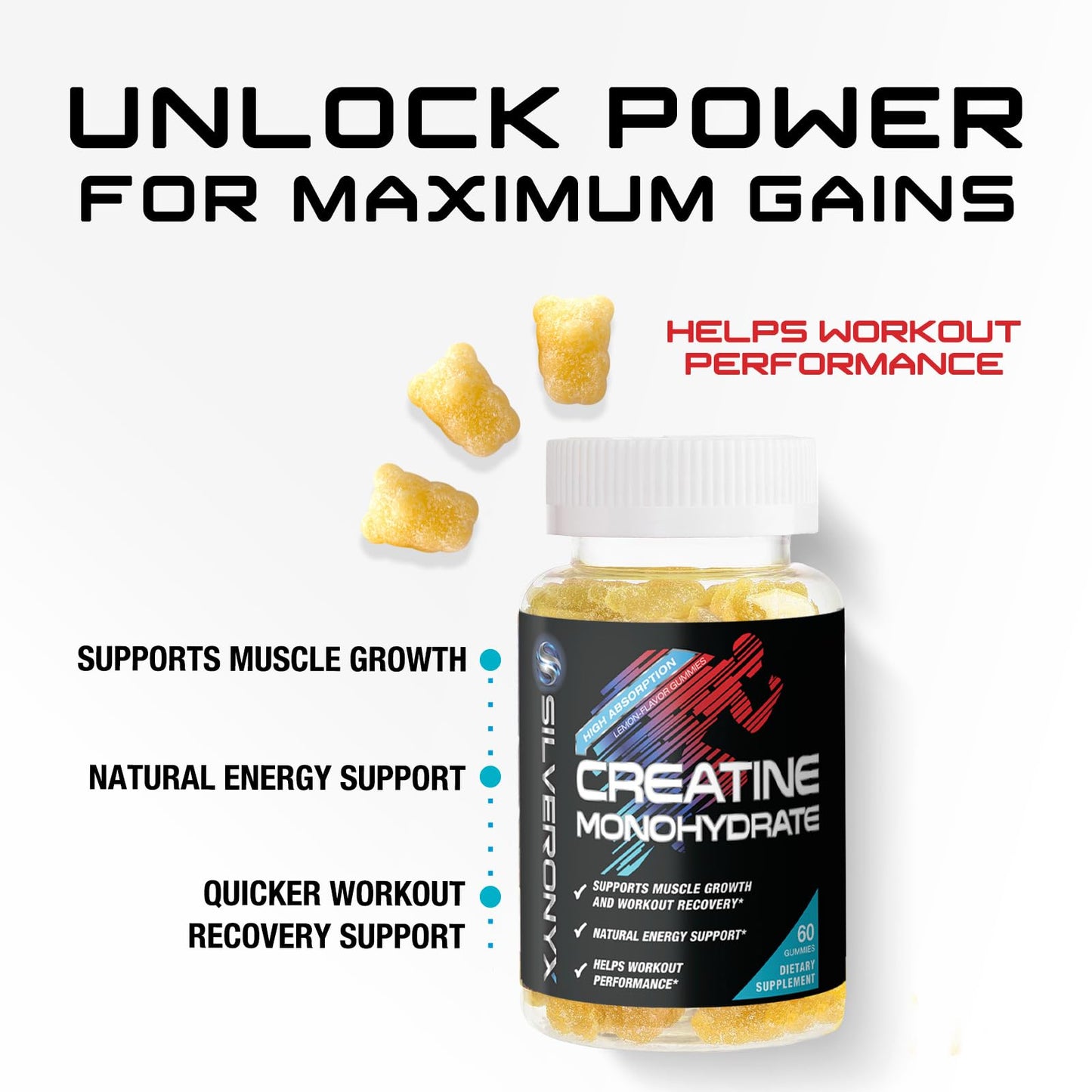SILVERONYX Creatine Gummies 1000 MG per Gummy, Lemon, 60 Count