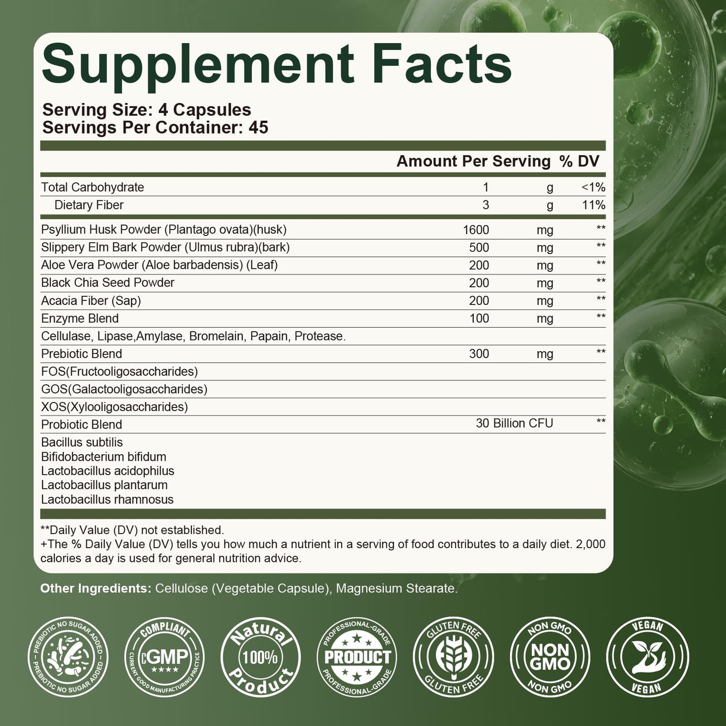Migcopat Psyllium Husk Fiber Supplement 3000mg with Slippery Elm & Aloe Vera, Probiotics, Prebiotics, Digestive Enzymes, Supports Gut Health & Regularity, 180 Capsules