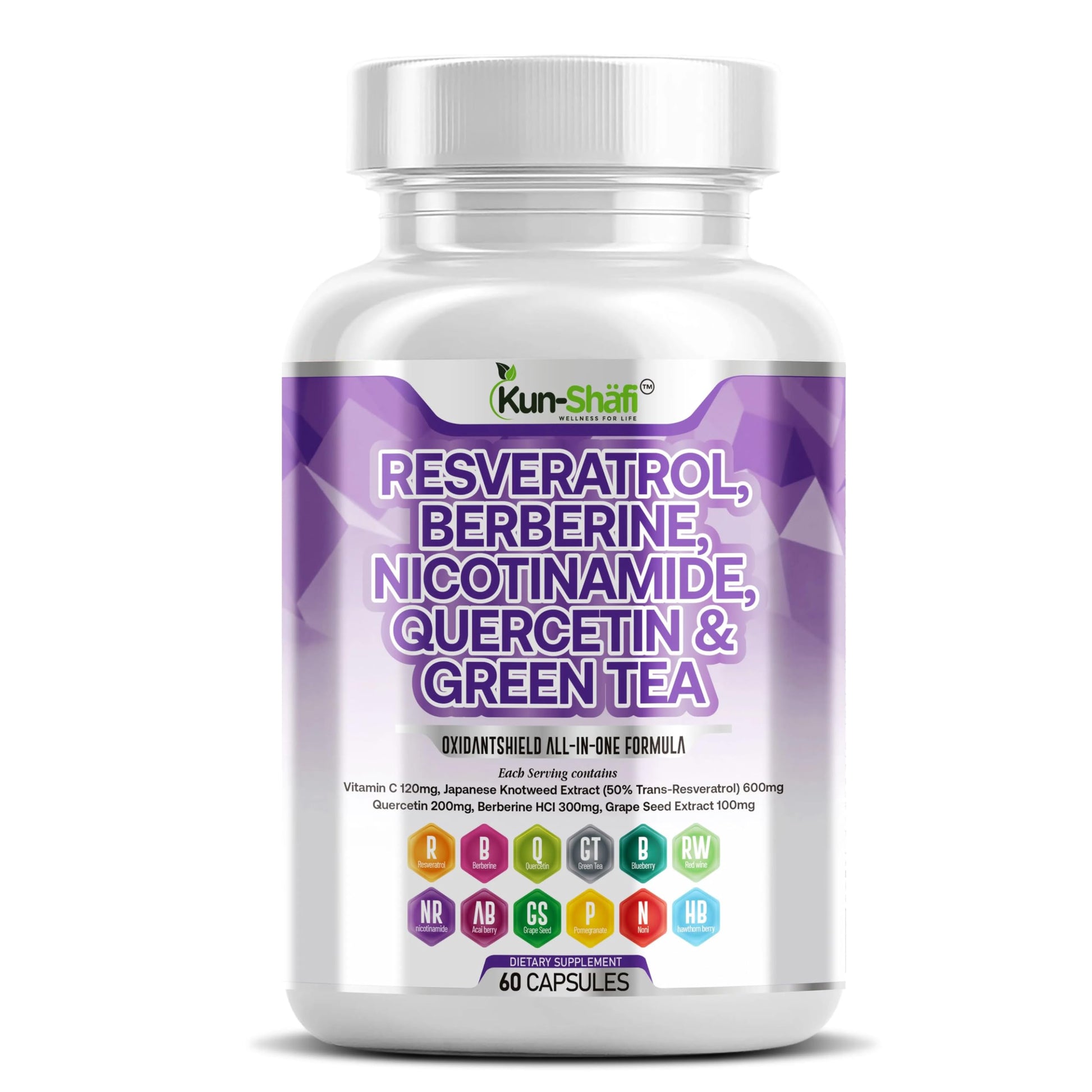 Kun Shafi Berberine & Resveratrol Complex with Quercetin, Grape Seed, Green Tea, Vitamin C, and Nicotinamide Riboside NAD+ & Antioxidant Polyphenol Capsules, 60 Count