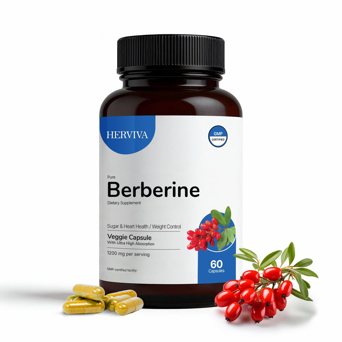 HERVIVA Berberine 1200mg Capsules, 60 Count