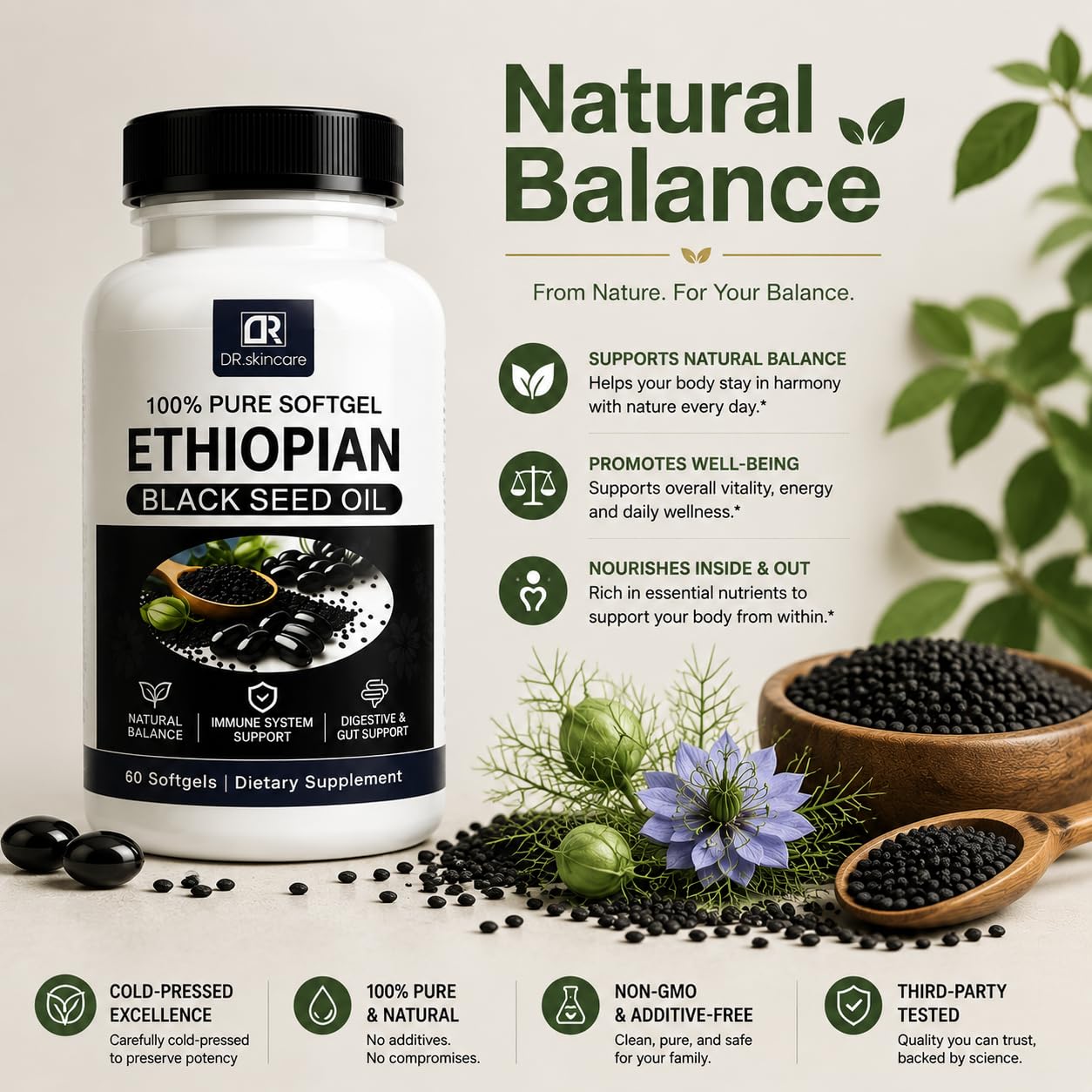 DR. SKIN CARE Ethiopian Black Seed Oil Softgels 800mg per Serving, Cold-Pressed Nigella Sativa Seed Oil Supplement, Immune Support, Digestive & Gut Support, Natural Wellness Formula, 60 Softgels