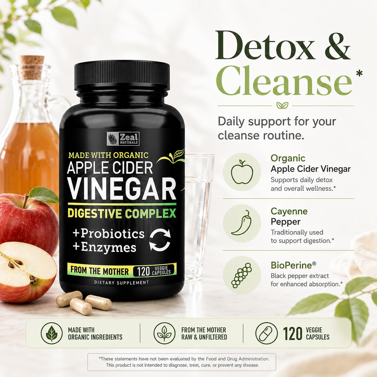 Zeal Naturals Organic Apple Cider Vinegar Capsules + Digestive Enzymes & Probiotics, 120 Capsules