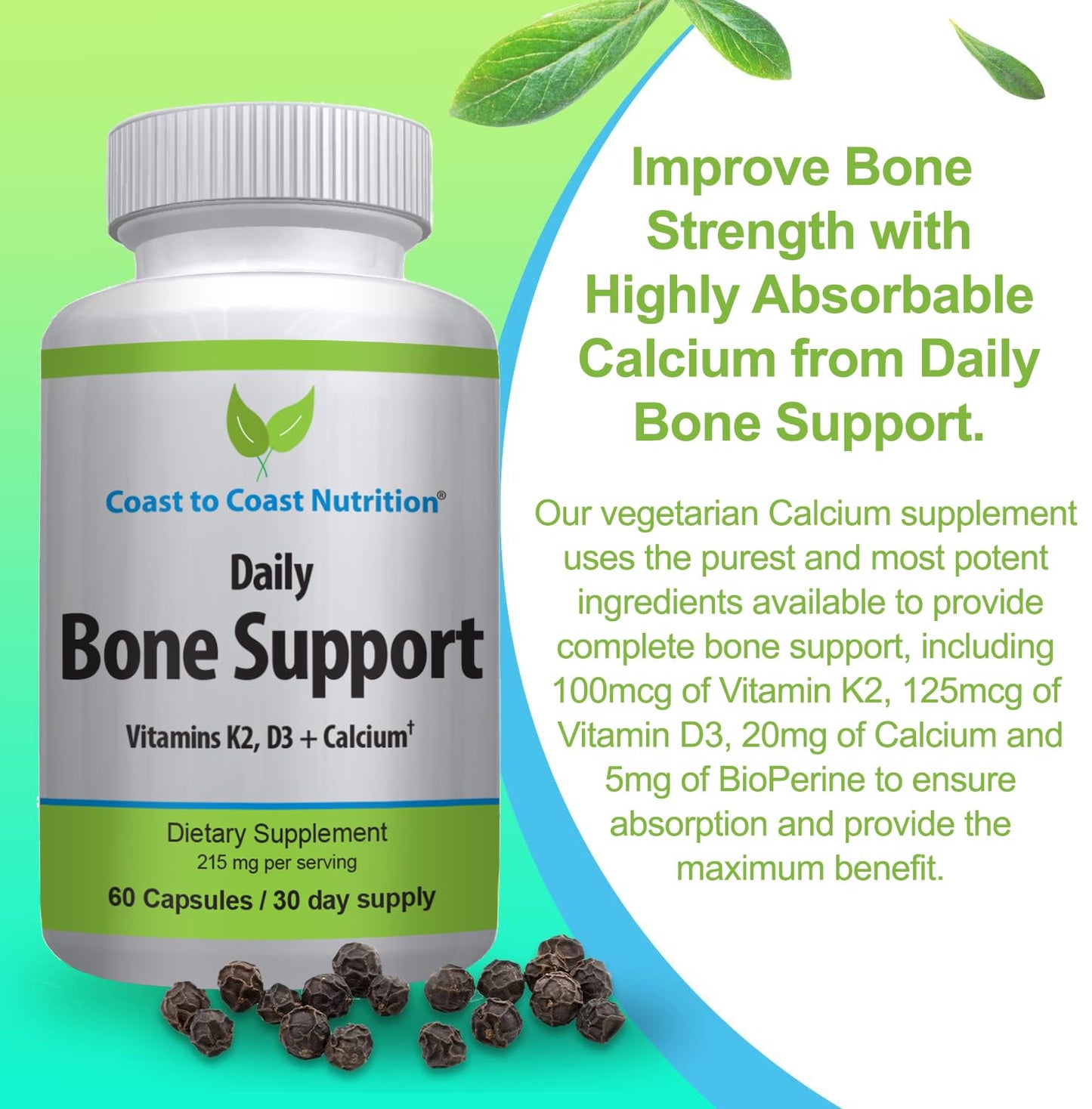 Coast to Coast Nutrition Daily Bone Support Calcium Supplement with Vitamin D3, K2 Capsules, 60 Count