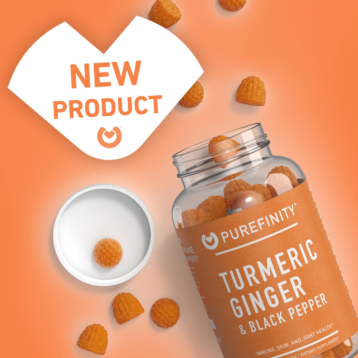 PUREFINITY Turmeric and Ginger Supplement Gummies with Black Pepper, Joint Support Curcumin Chewables, 60 Count