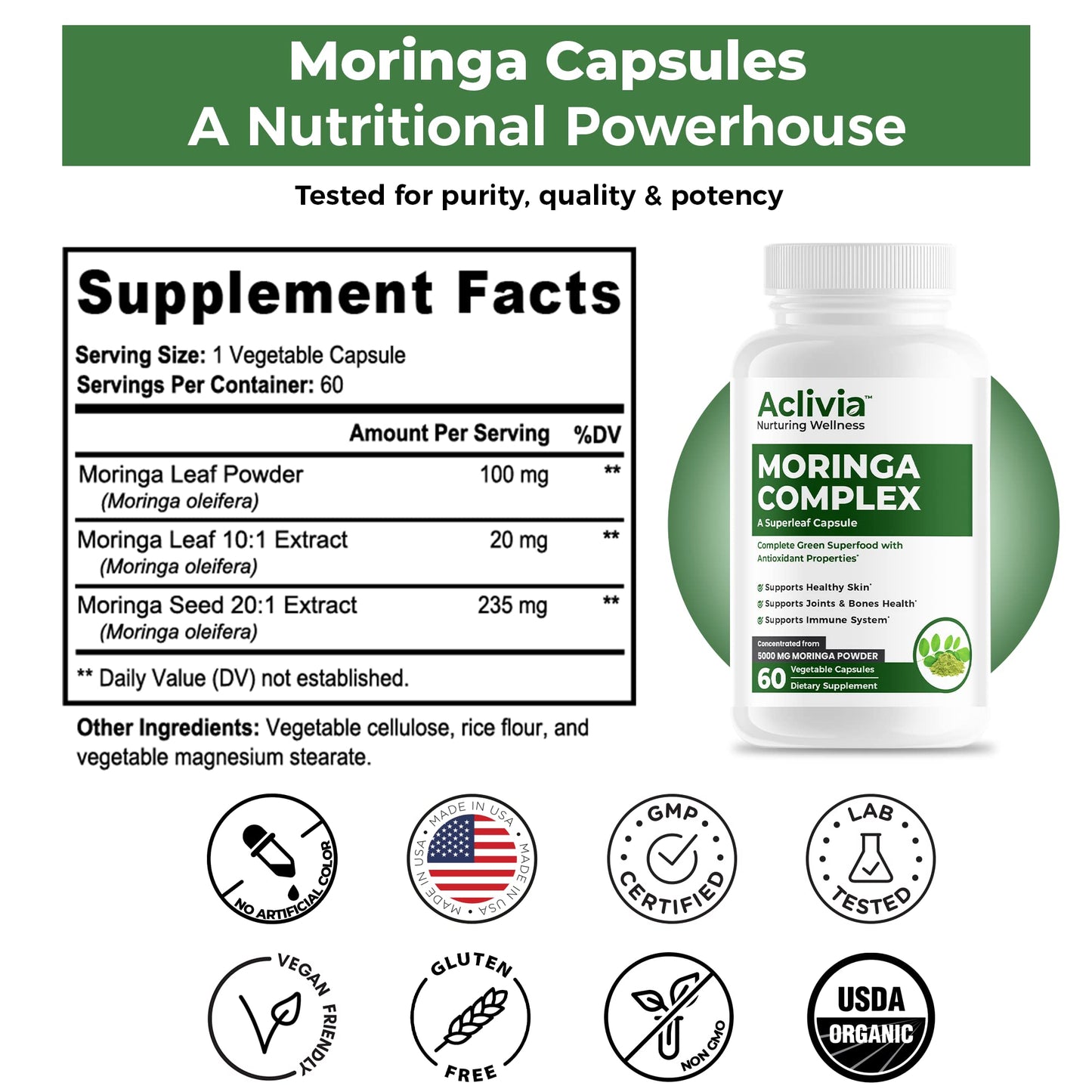Aclivia Moringa Complex Maximum Strength Moringa Oleifera Leaf & Seed Supplement Capsules, 60 Capsules