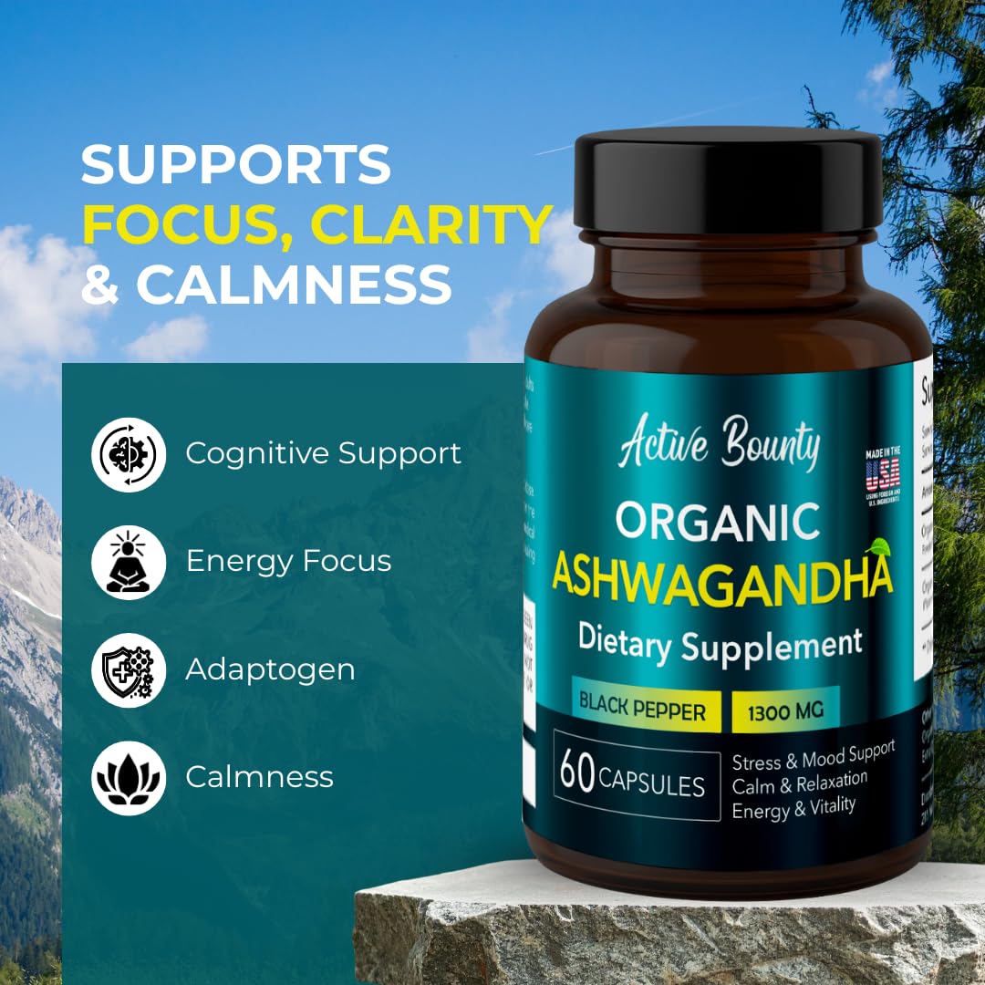 Active Bounty Organic Ashwagandha 1300mg with Black Pepper for Enhanced Absorption, 60 Capsules