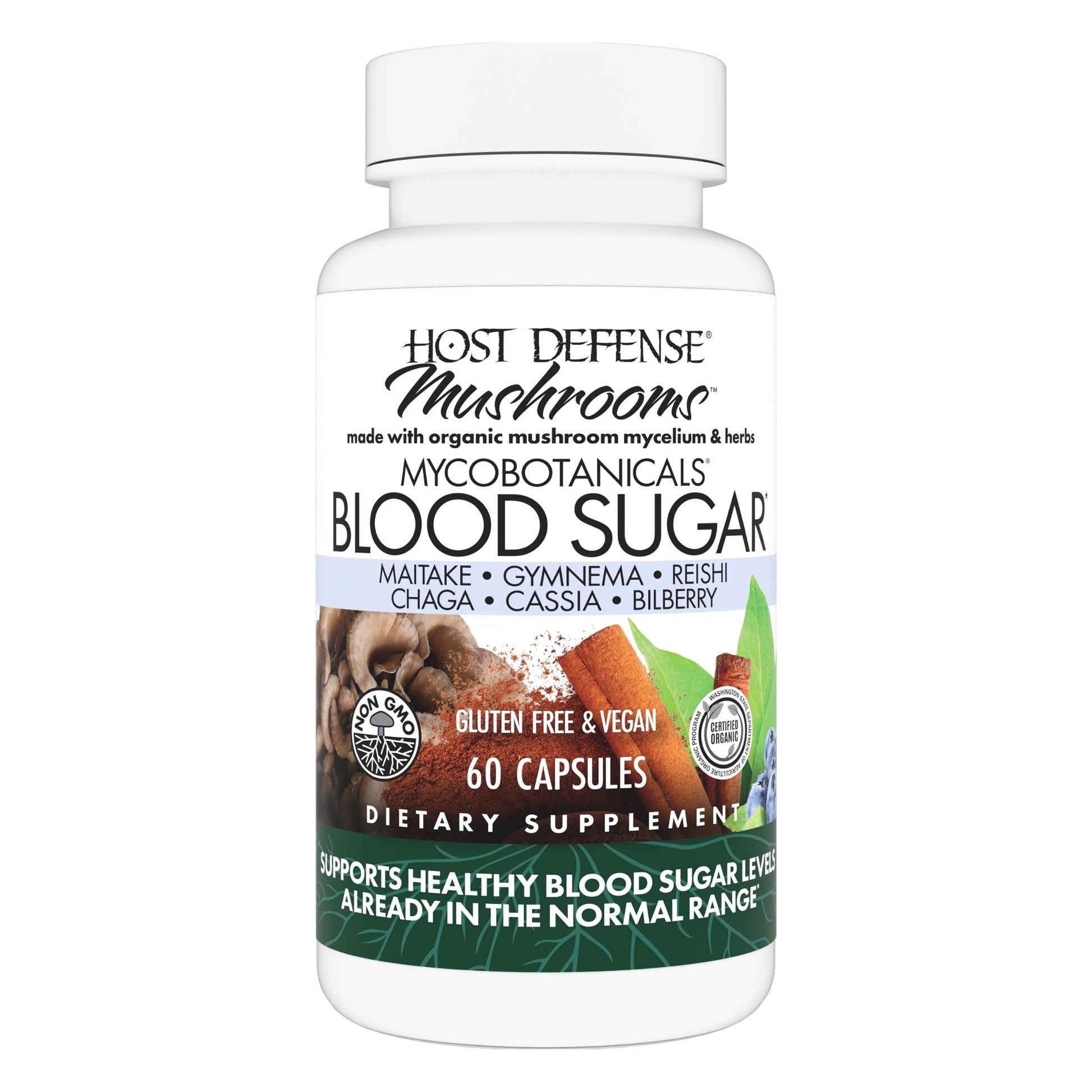 Host Defense MycoBotanicals Blood Sugar - Herbal Supplement with Chaga, Reishi & Maitake Mushrooms - Mushroom Mycelium Supplement for Healthy Balance, 60 Capsules