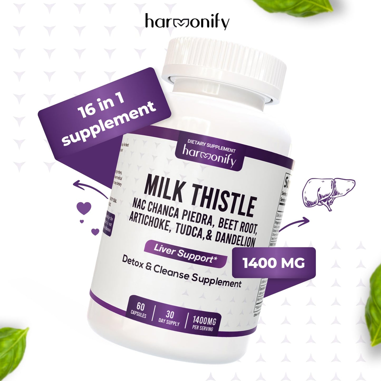 HARMONIFY Milk Thistle Berberine Turmeric Detox & Cleanse & Repair Supplement Capsule 60 Count