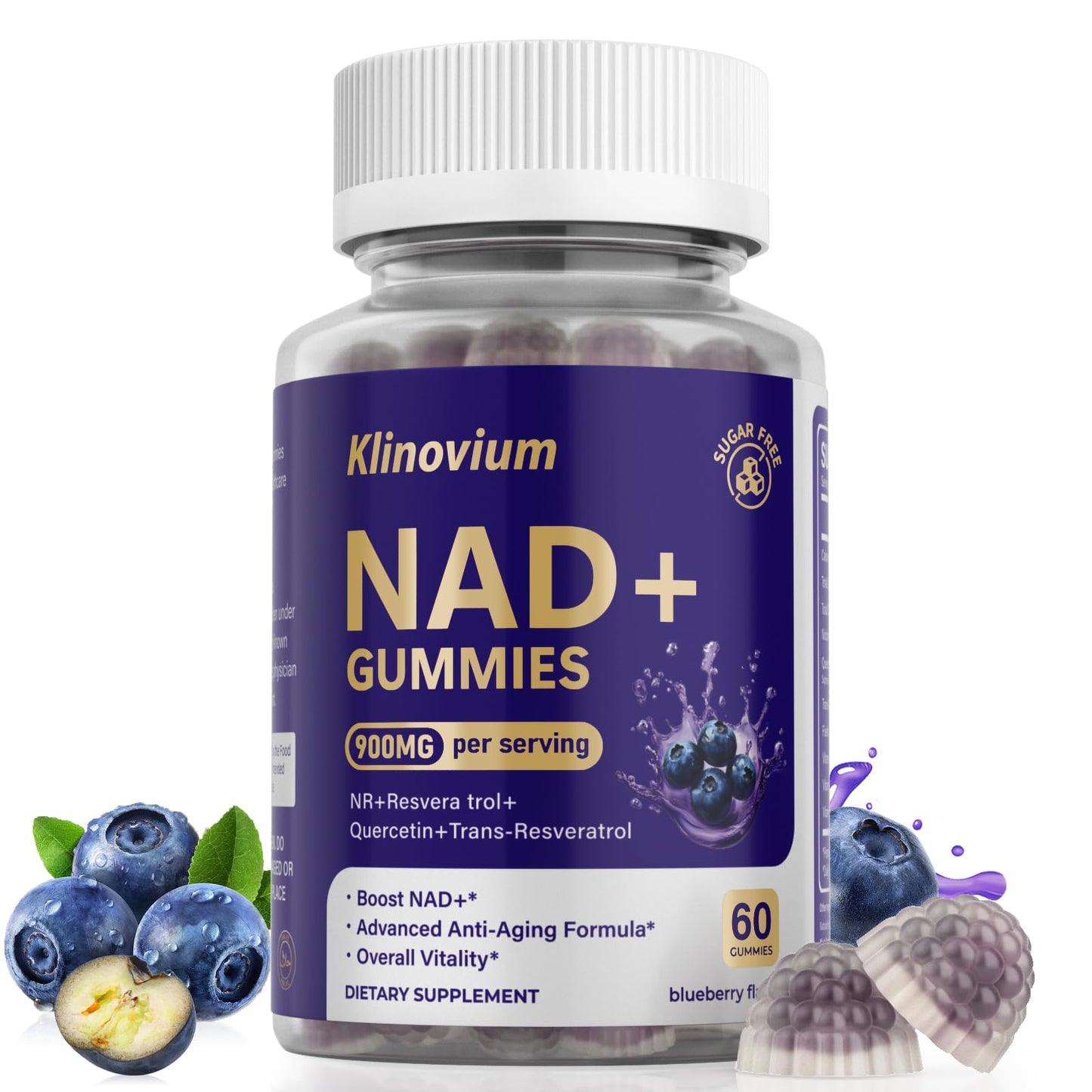 Klinovium NAD Gummies with Nicotinamide Riboside NAD+ Supplement for Women & Men with Trans-Resveratrol, Fisetin, Vitamin B2, B5, B6, Anti-Aging, Cell Regeneration & Energy, Sugar-Free, 60 Gummies