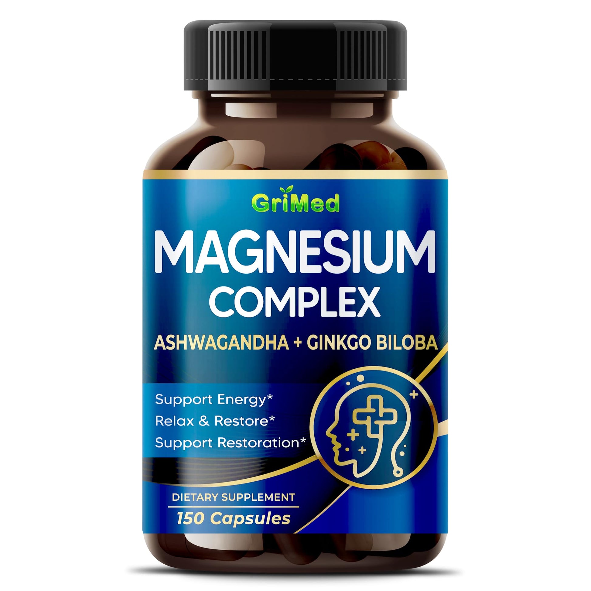 GriMed Magnesium Complex with Ashwagandha, Ginkgo Biloba & Black Pepper, Relaxation and Daily Wellness Support, 150 Capsules