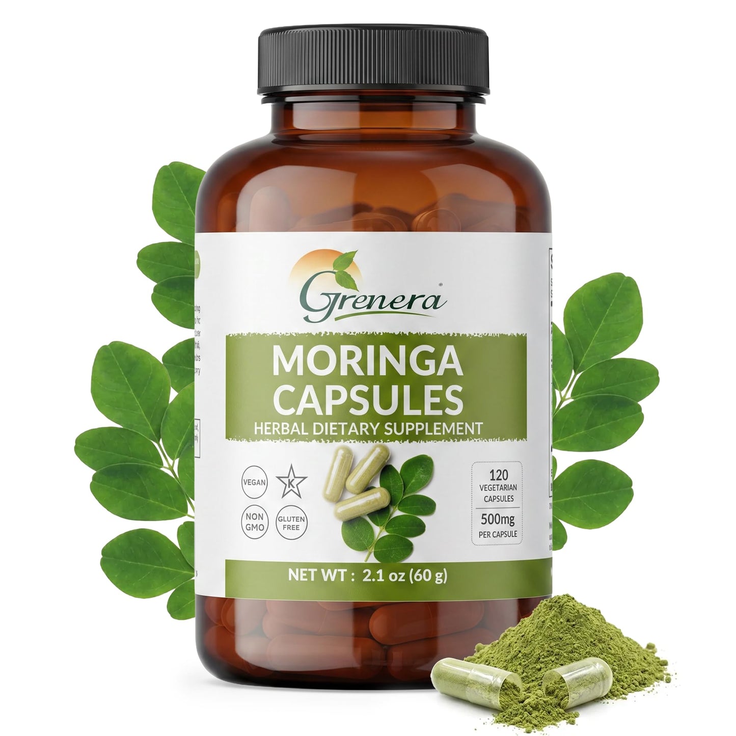 Grenera Moringa Capsules 500mg Moringa Oleifera Leaf Powder, Capsule, 120 Count