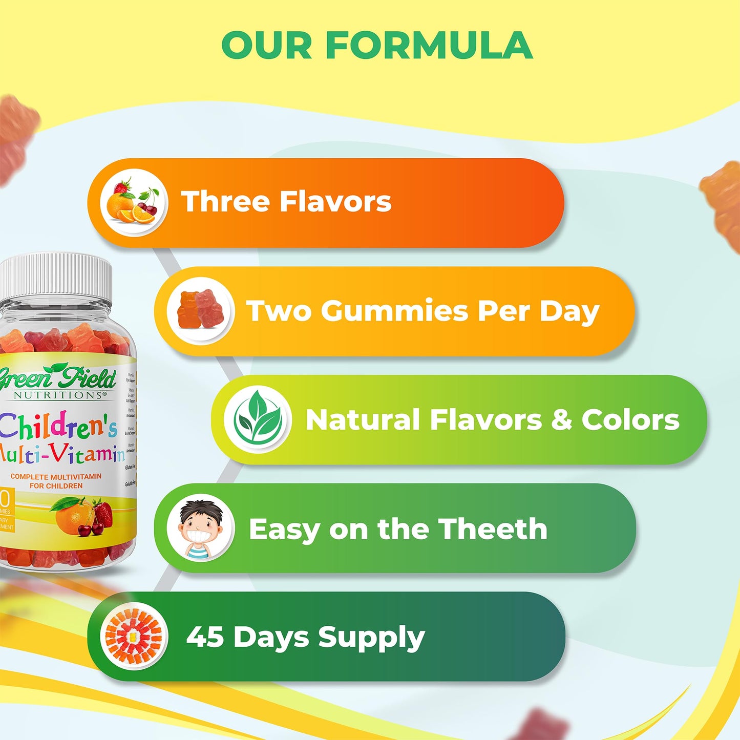 GREEN FIELD NUTRITIONS Halal Gelatin-Free Multivitamin Gummies for Kids with Vitamins A, B, C, D, Iodine & Zinc 90 Count