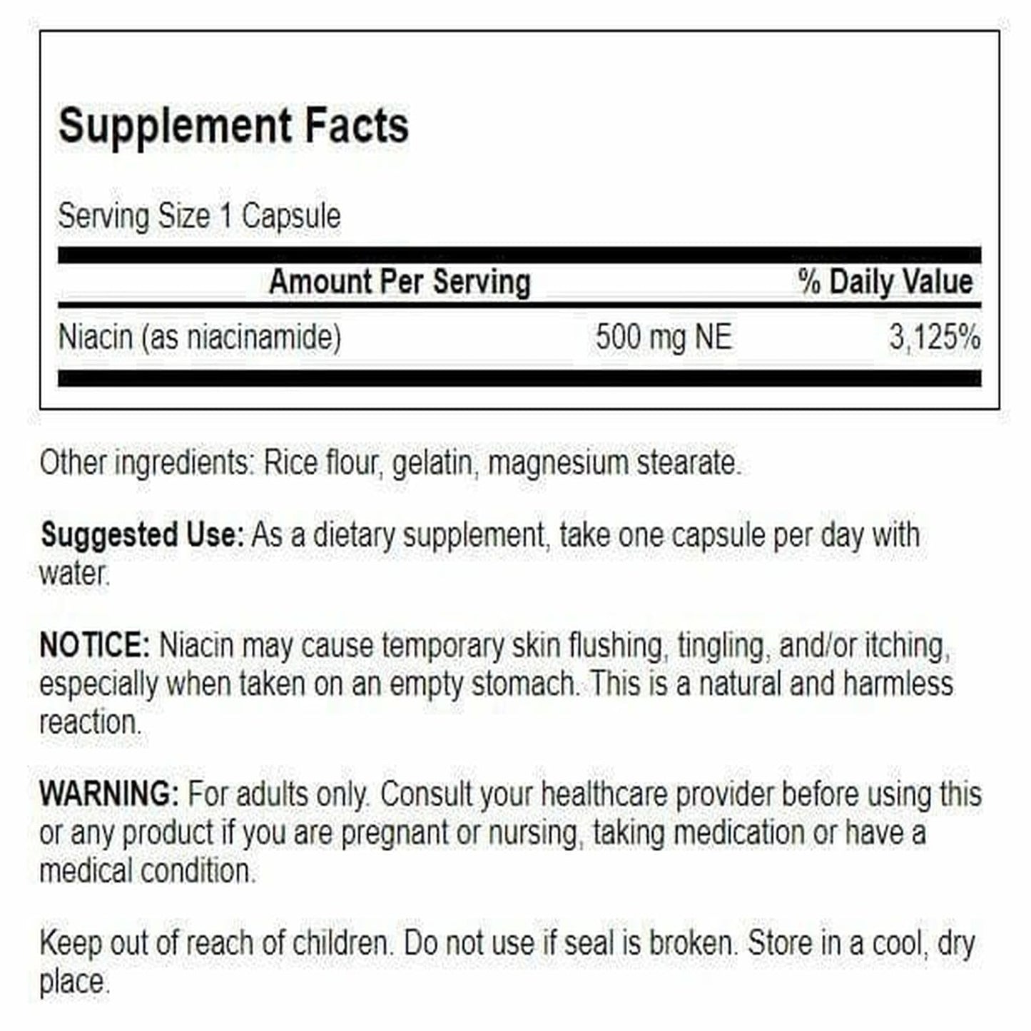 Swanson Premium Brand Niacinamide 500 mg Capsule, 250 Count (Pack of 2)