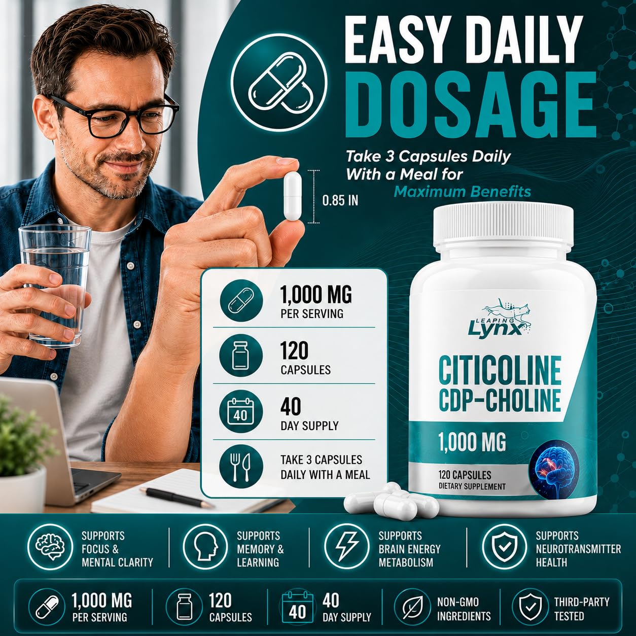 Leaping Lynx Citicoline 1000 mg (CDP Choline) Capsules, 120 Count