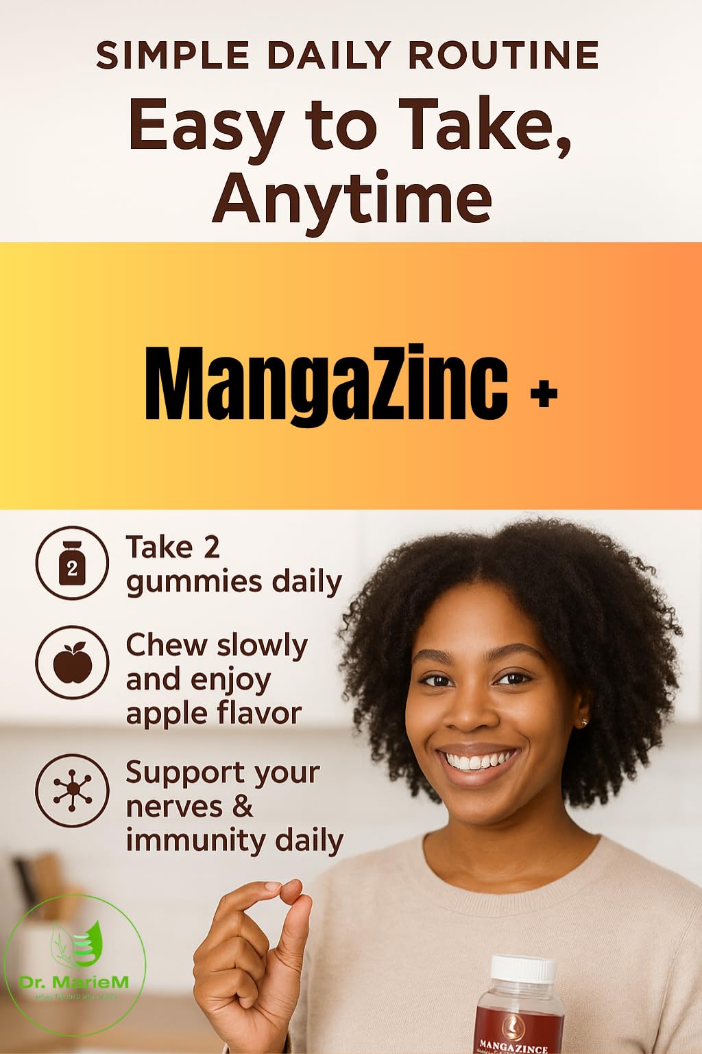 Dr. MarieM MangaZinc+ Gummies – Manganese + Zinc for Nerve Function, Cognitive Support & Immune Health – Apple Flavor – 7.93 oz