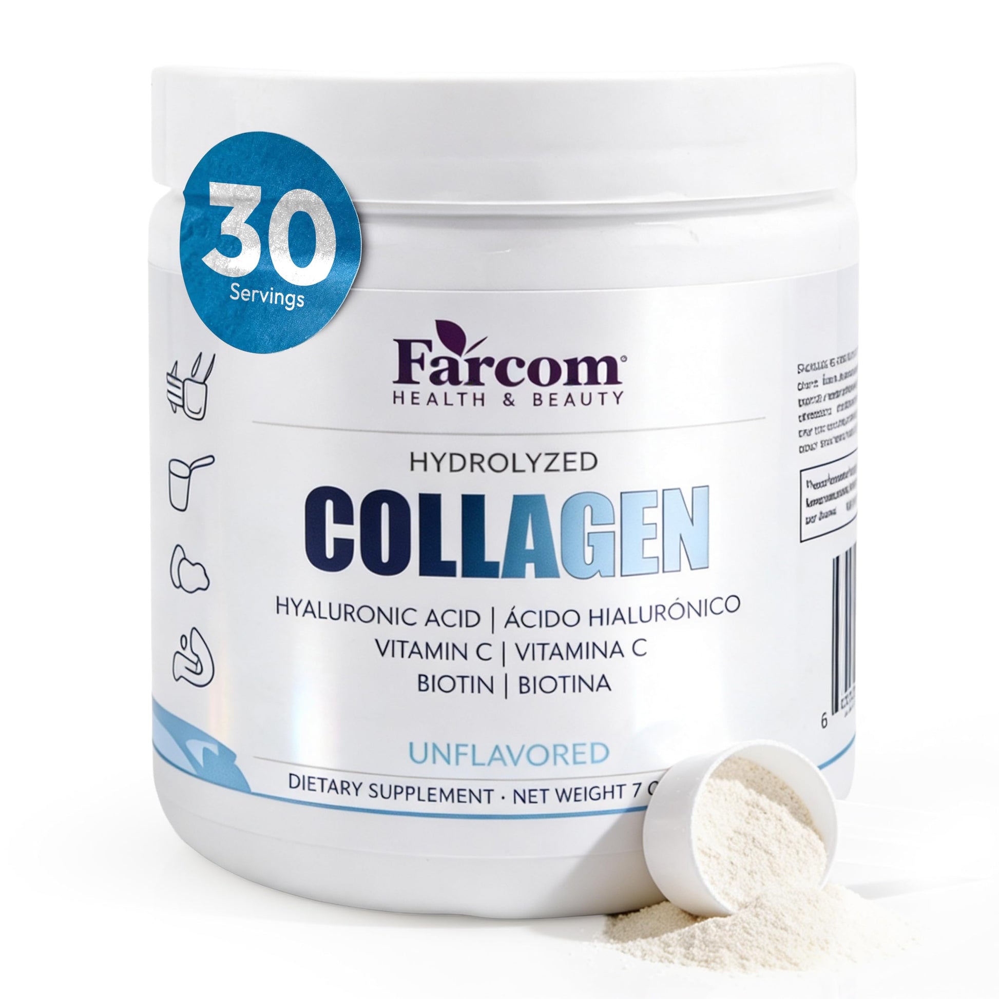 Farcom Hydrolyzed Collagen Peptides Powder 7 oz with Biotin 10,000mcg, Hyaluronic Acid & Vitamin C – Unflavored Collagen Powder for Hair, Skin, Nails & Joint Support, Gluten Free, Non-GMO
