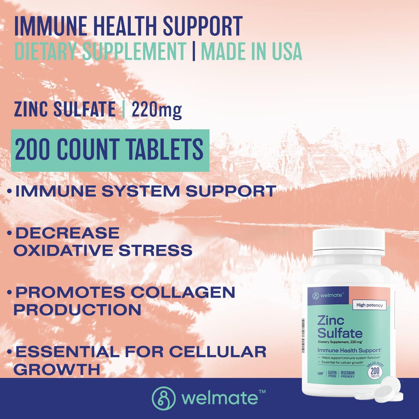 WELMATE Zinc Sulfate 220 mg (50 mg Elemental Zinc) High Potency Tablets, 200 Count