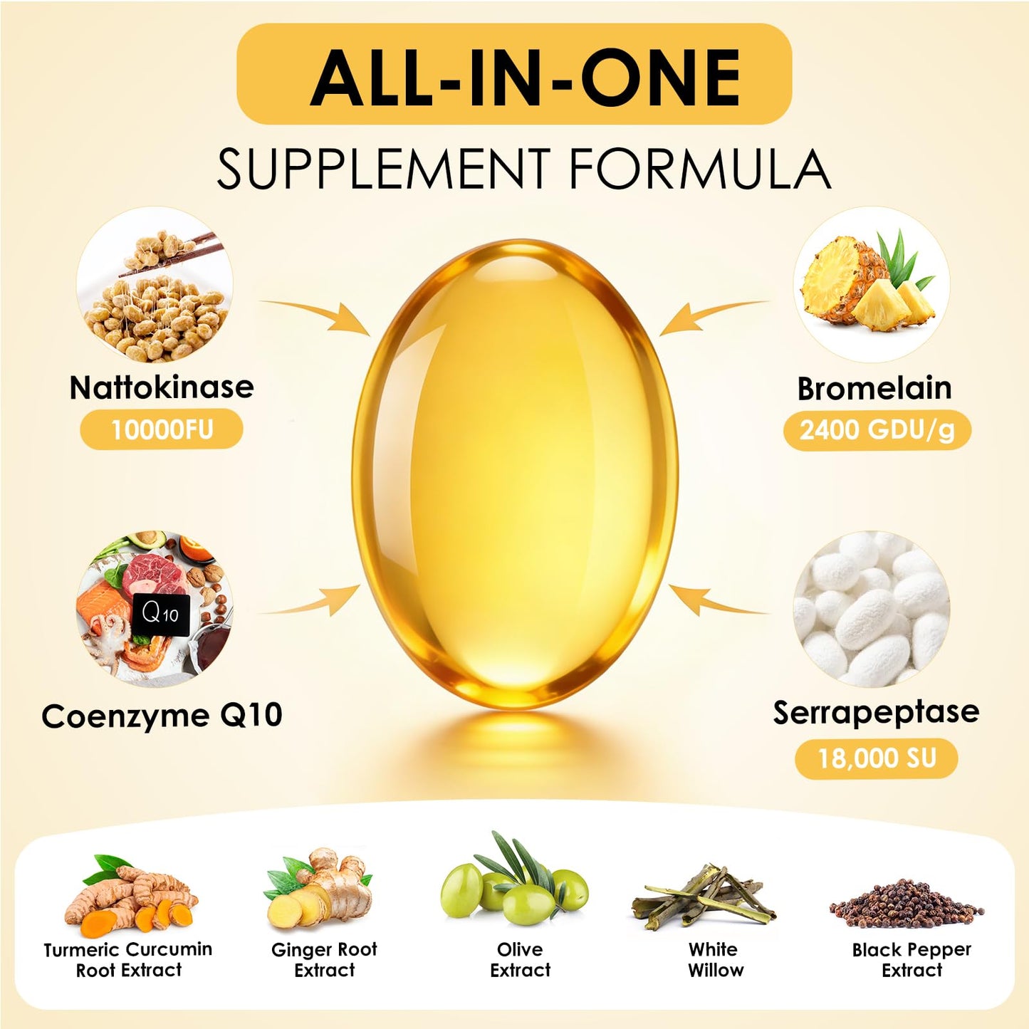 LIOEUBIO Nattokinase Supplement 10,000 FU, 9-in-1 Formula with Serrapeptase, Bromelain, CoQ10, Turmeric & White Willow Bark, 240 Softgels