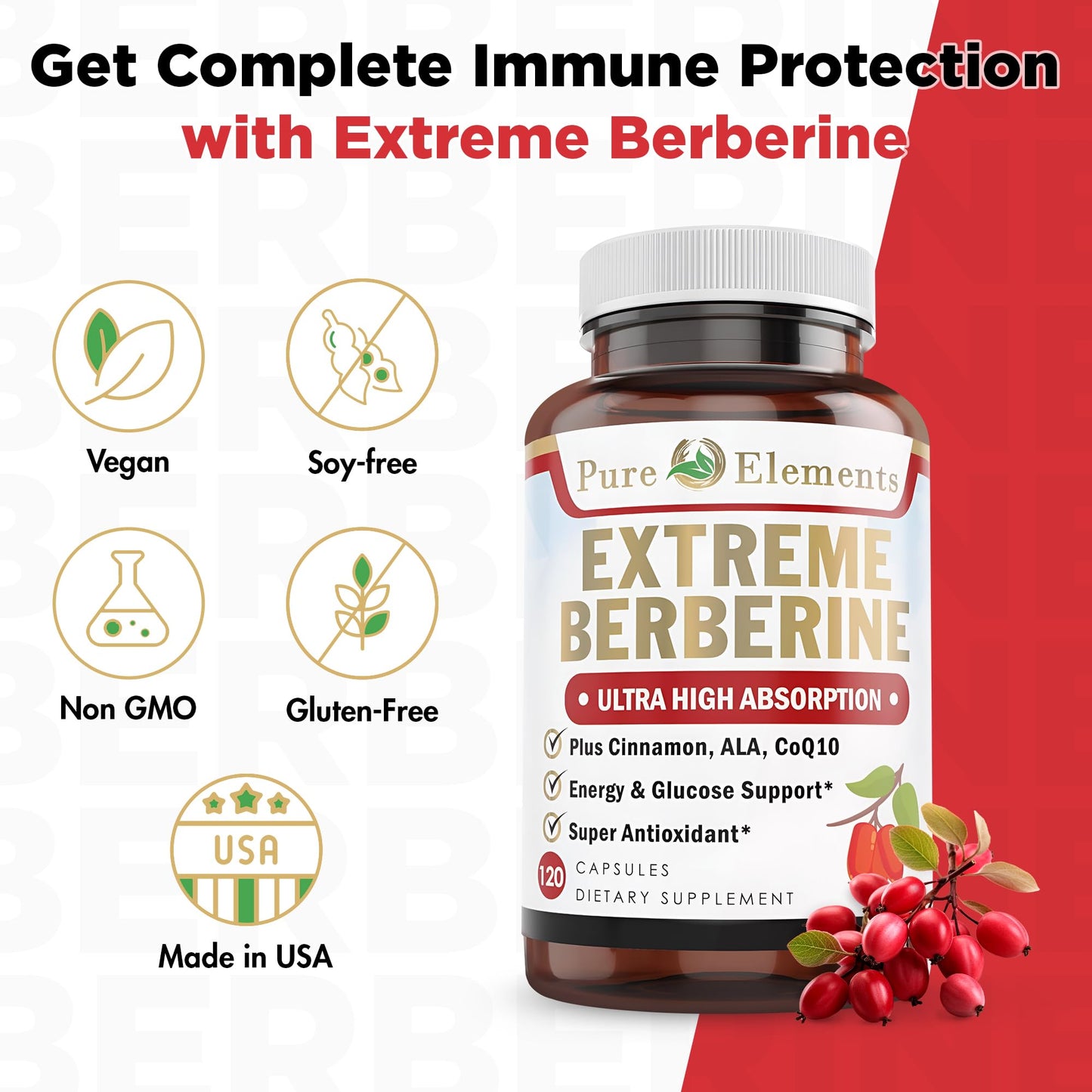 Pure Organic Elements Berberine 500mg with ALA, CoQ10, Turmeric & Cinnamon Capsules 1 Count