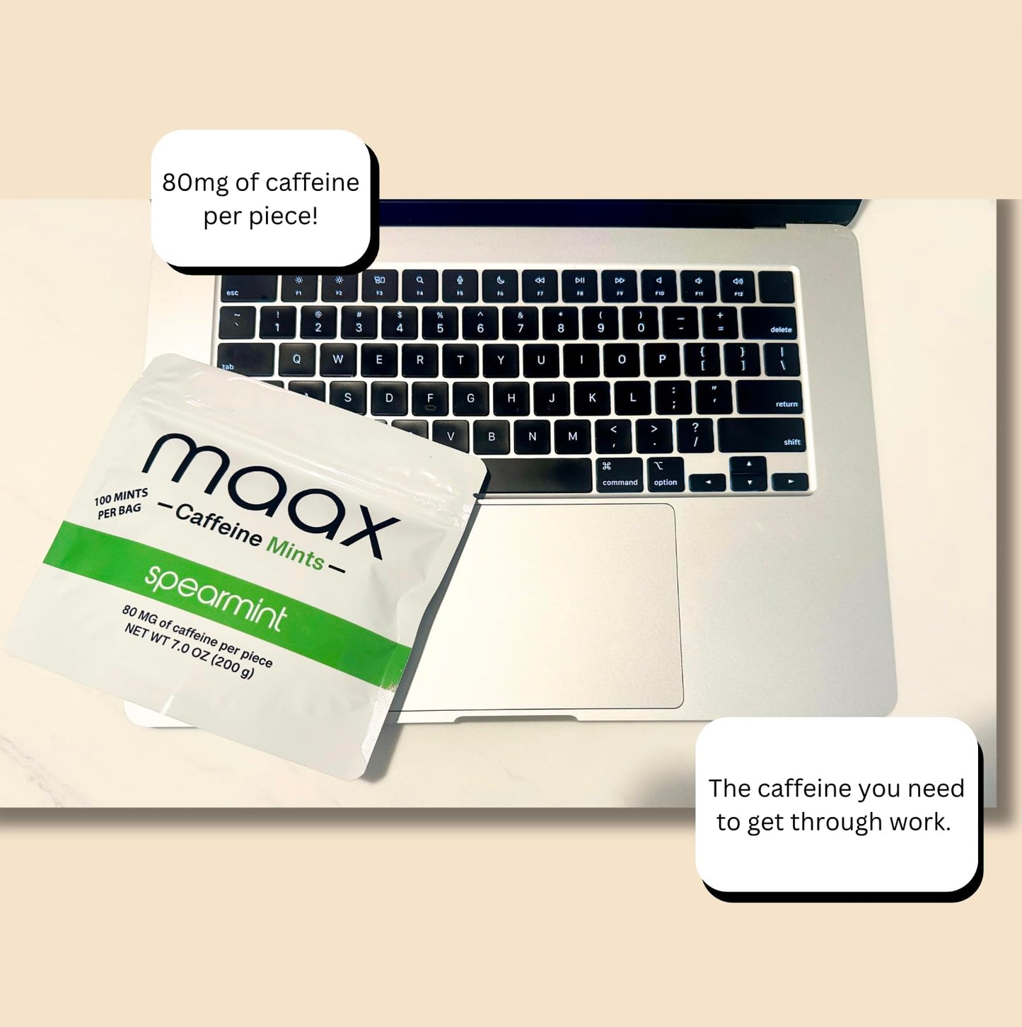 Maax Caffeinated Gum Caffeine Mints Spearmint Chewable, 100 Pieces