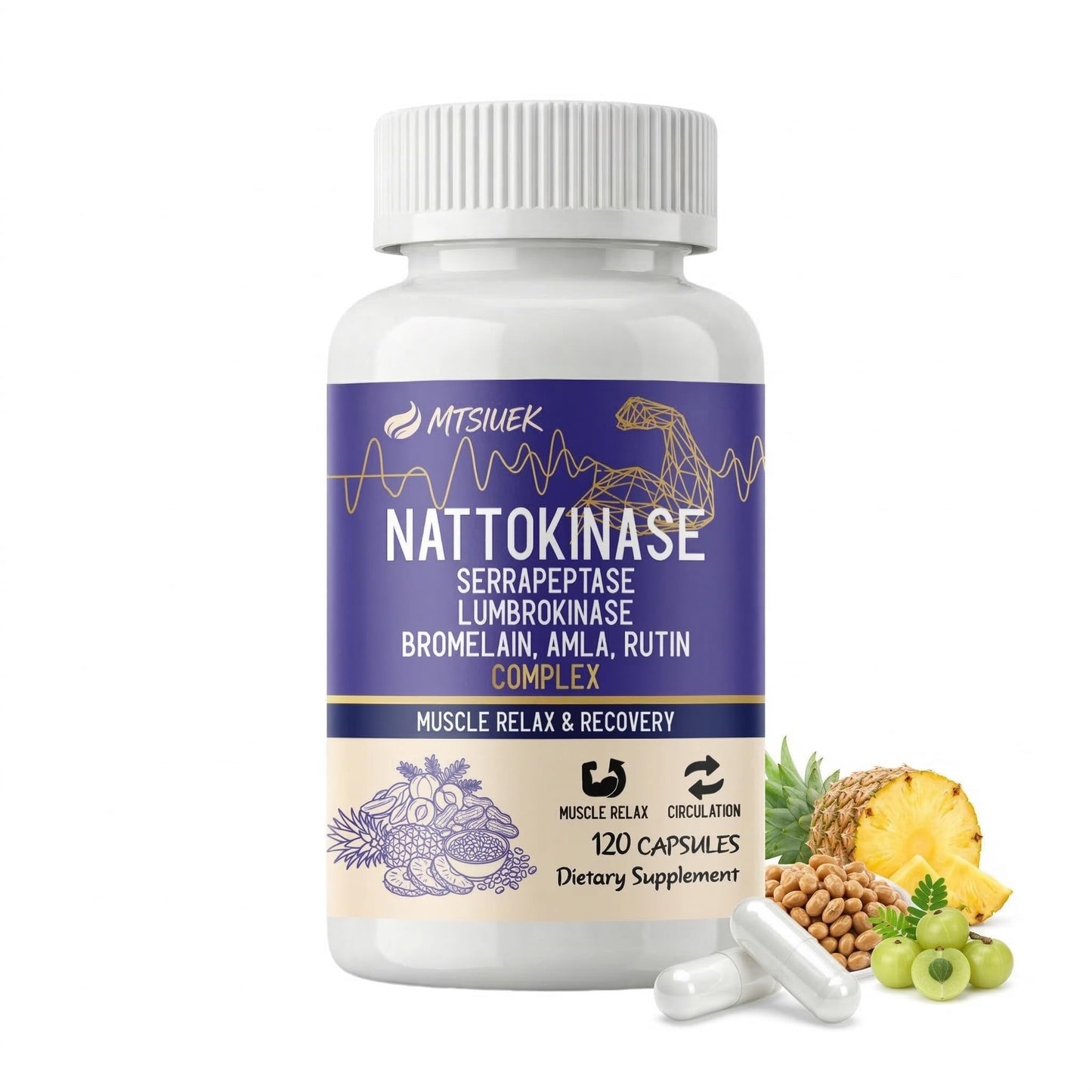 MTSIUEK Nattokinase 4000 FU & Serrapeptase 120000 SPU Proteolytic Enzyme Complex with Bromelain, Amla, Curcumin, Rutin, 120 Capsules