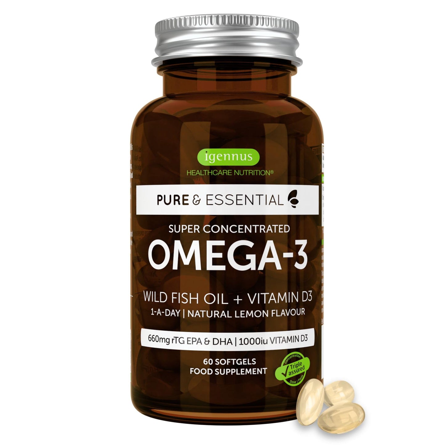 Igennus Healthcare Nutrition Advanced rTG Omega-3 IFOS Certified Wild Fish Oil & Vitamin D3 Softgel 60 Count