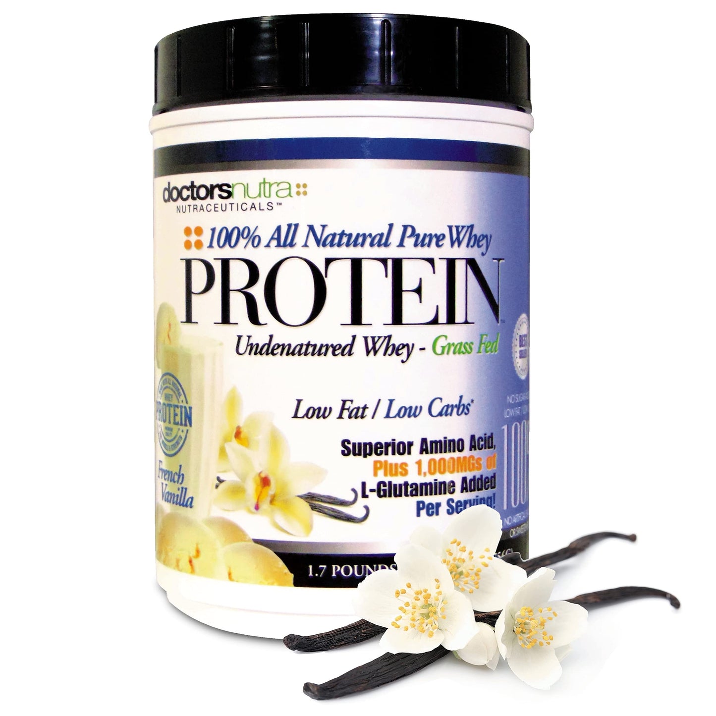 Doctors Nutra Nutraceuticals 100% Pure Undenatured Grass Fed Whey Protein Powder Rich Vanilla Flavor Ultrafiltered with 1000 mg Added L-Glutamine, 2 lb, 32 Servings