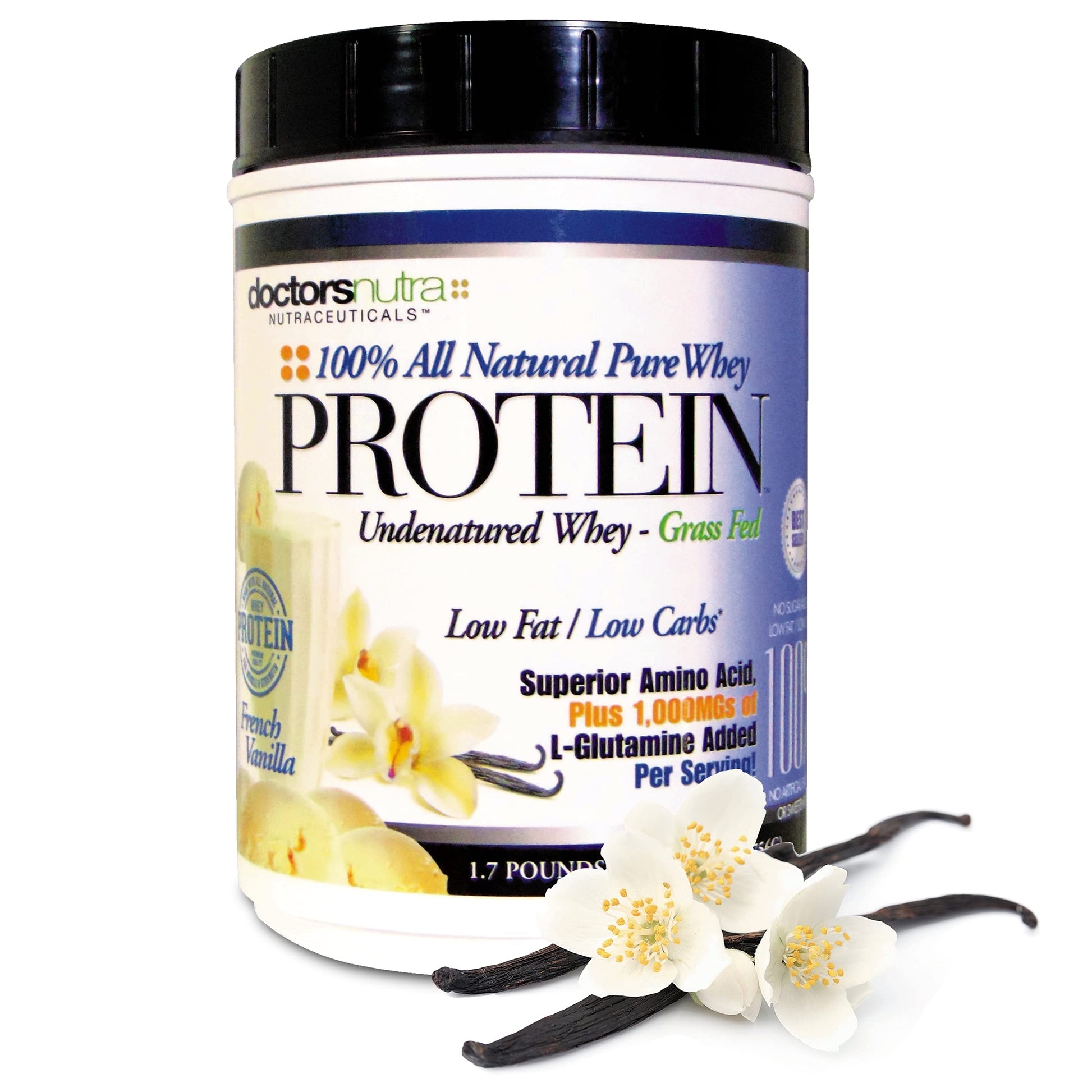 Doctors Nutra Nutraceuticals 100% Pure Undenatured Grass Fed Whey Protein Powder Rich Vanilla Flavor Ultrafiltered with 1000 mg Added L-Glutamine, 2 lb, 32 Servings