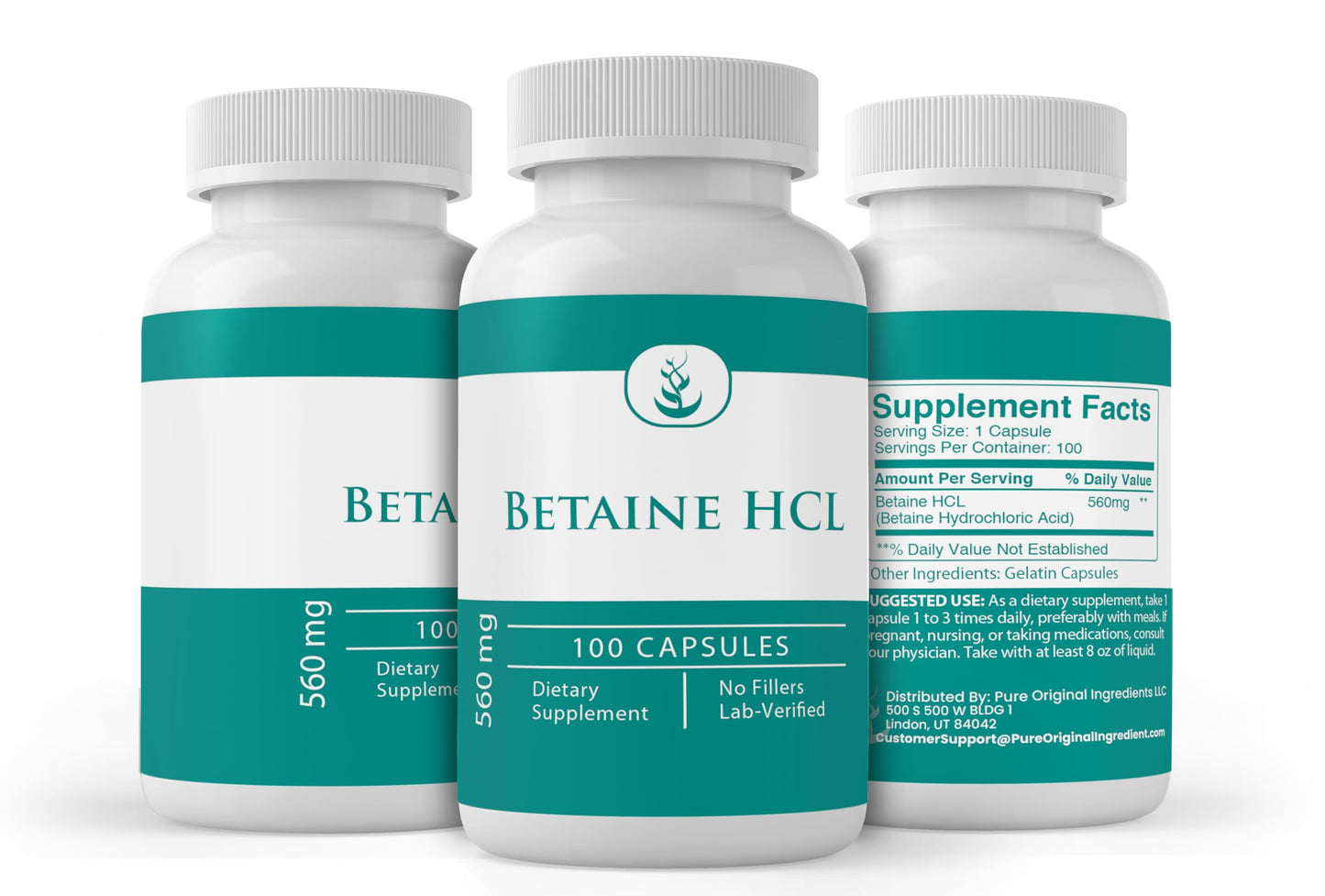 PURE ORIGINAL INGREDIENTS Betaine HCL Capsules 100 Capsules