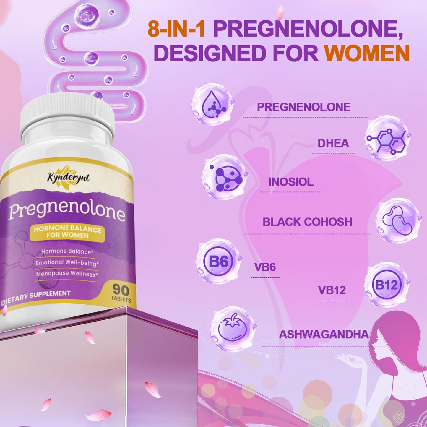 Kynderynl Pregnenolone with Ashwagandha for Women, Dual-Dose 50 mg or 100 mg (1 or 2 Tablets per Dose), 8-in-1 Formula with DHEA and Black Cohosh, Vegan, Gluten Free, 30 Chewable Tablets