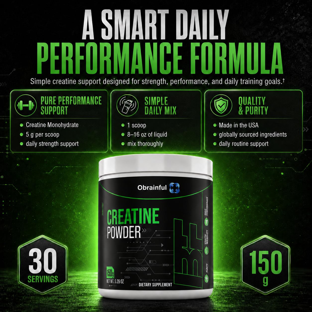 Obrainful Unflavored Creatine Monohydrate Powder 5.3 oz