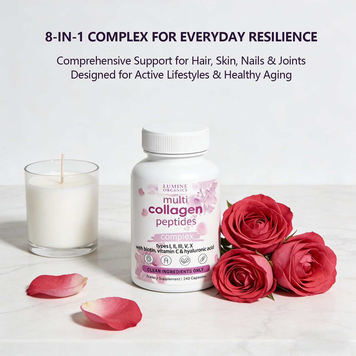 Lumine Organics Collagen Peptides Capsules with Biotin, Hyaluronic Acid, Vitamin C, Non-GMO, 240 Count