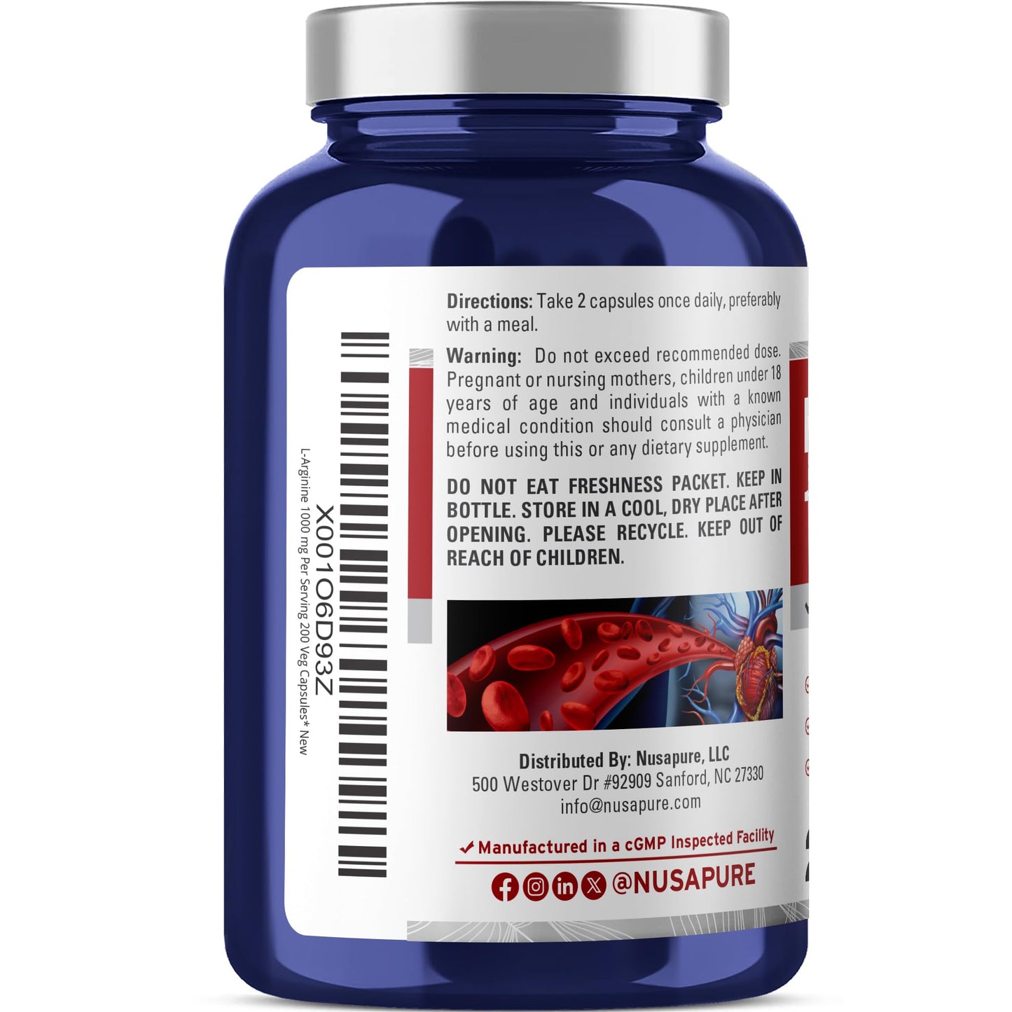 NusaPure L-Arginine HCI 1000mg Capsule, 200 Count