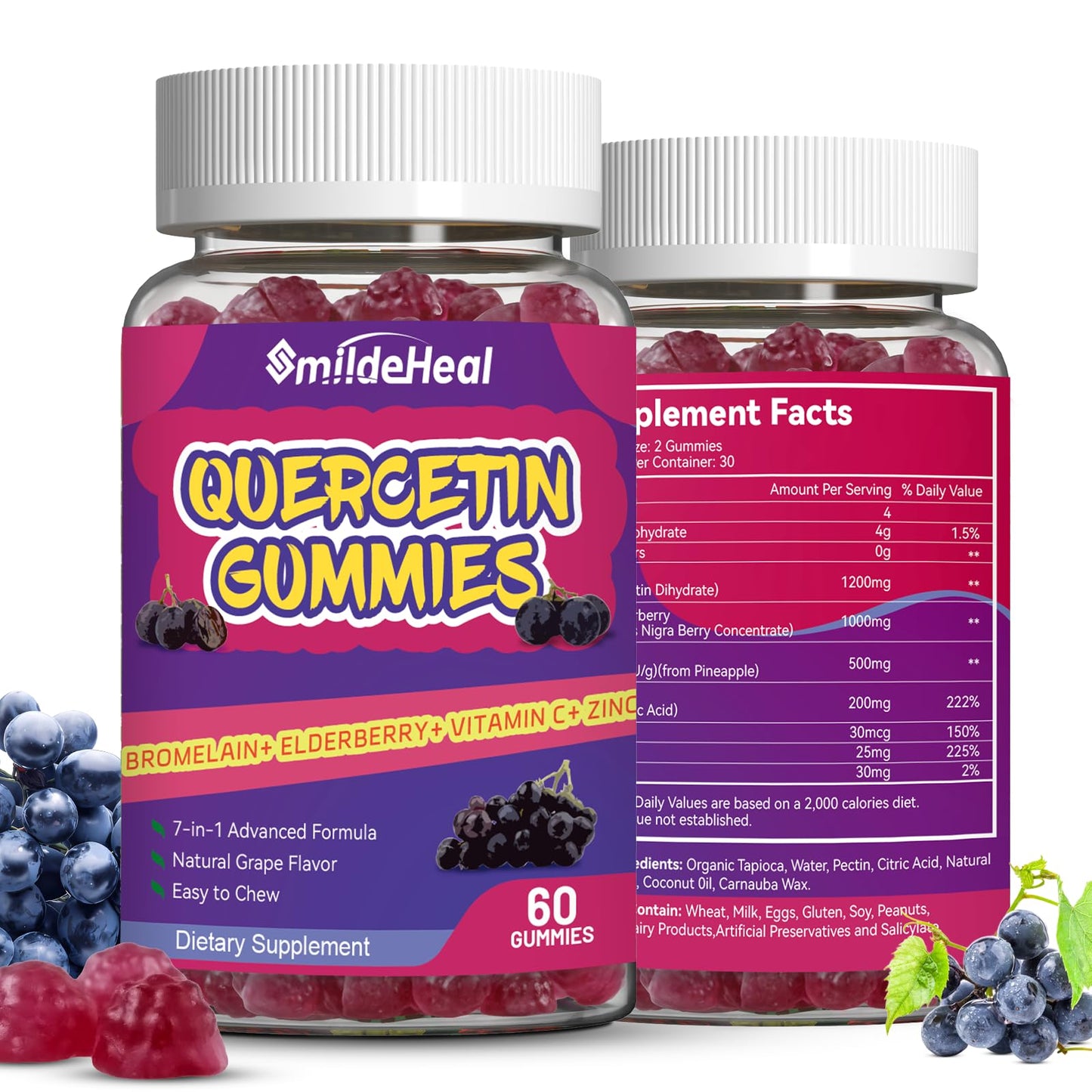 SmildeHeal Quercetin Gummies with Bromelain, Zinc & Vitamin C, Immune Support, 120 Gummies