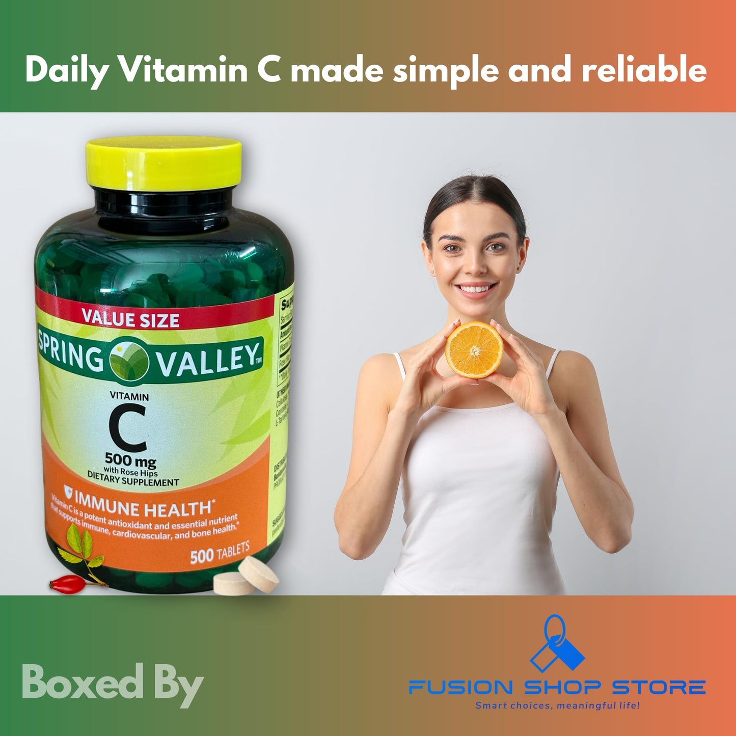 Fusion Shop Store Vitamin C 500mg with Rose Hips, 500 Tablets