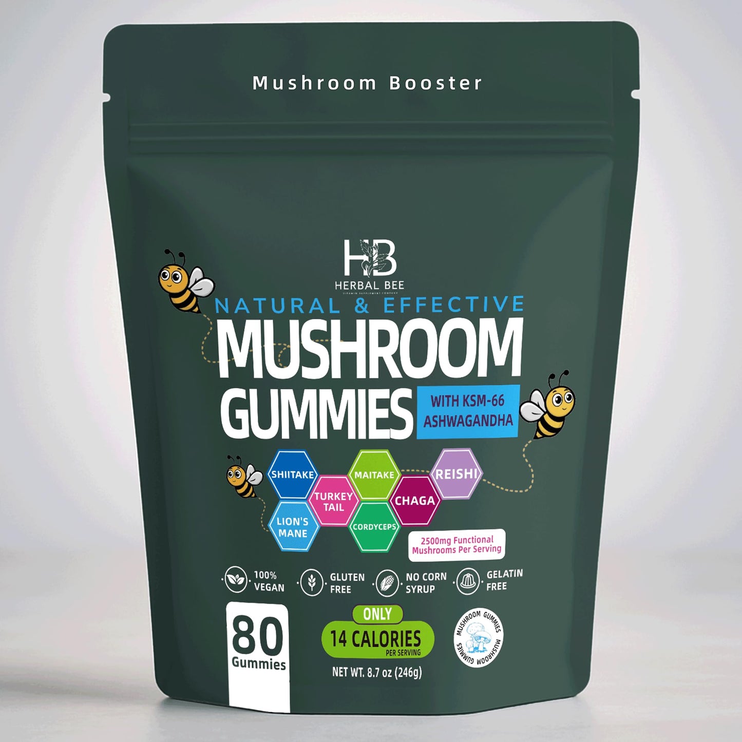 Herbal Bee Organic Ashwagandha & Lions Mane Mushroom Gummies, 80 Gummies