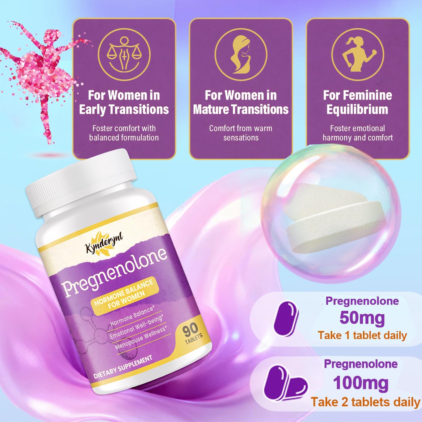 Kynderynl Pregnenolone with Ashwagandha for Women, Dual-Dose 50 mg or 100 mg (1 or 2 Tablets per Dose), 8-in-1 Formula with DHEA and Black Cohosh, Vegan, Gluten Free, 30 Chewable Tablets