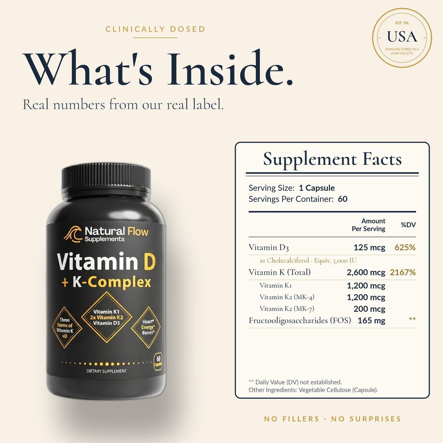 Natural Flow Supplements Vitamin D3 with K2 Complex Capsules, 60 Capsules