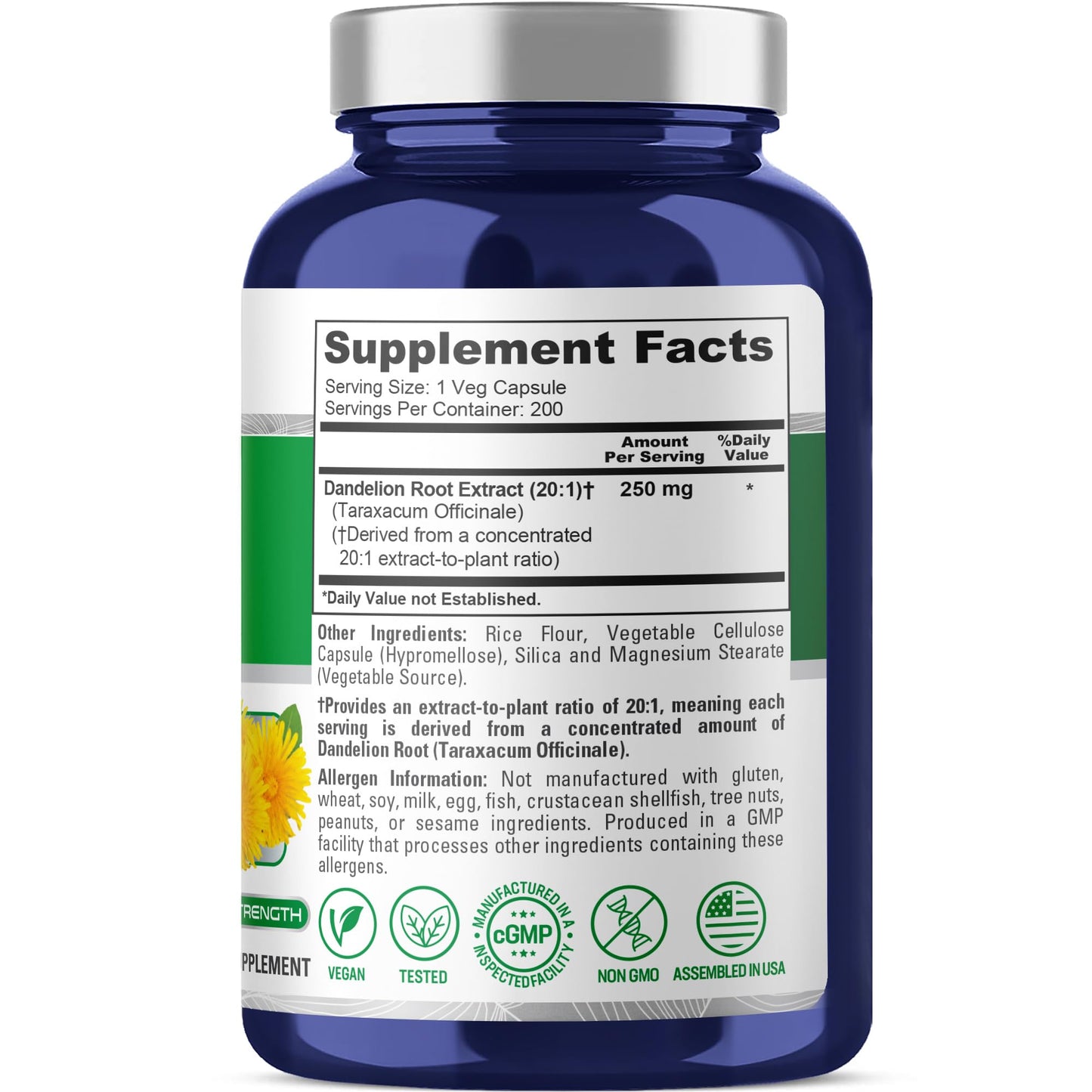 NusaPure Dandelion Root 250 mg Capsules, 200 Count, Non-GMO, Vegan