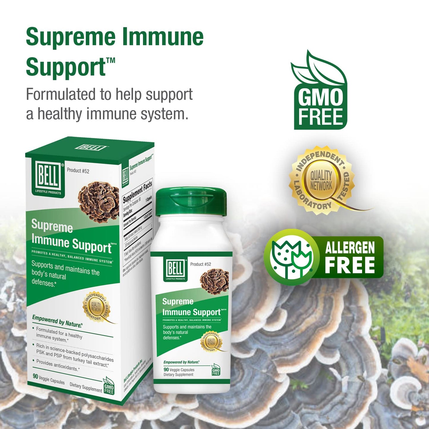 Bell Supreme Immune Support Mushroom Supplement Unique Blend with Turkey Tails Mushroom Capsule, 90 Capsules